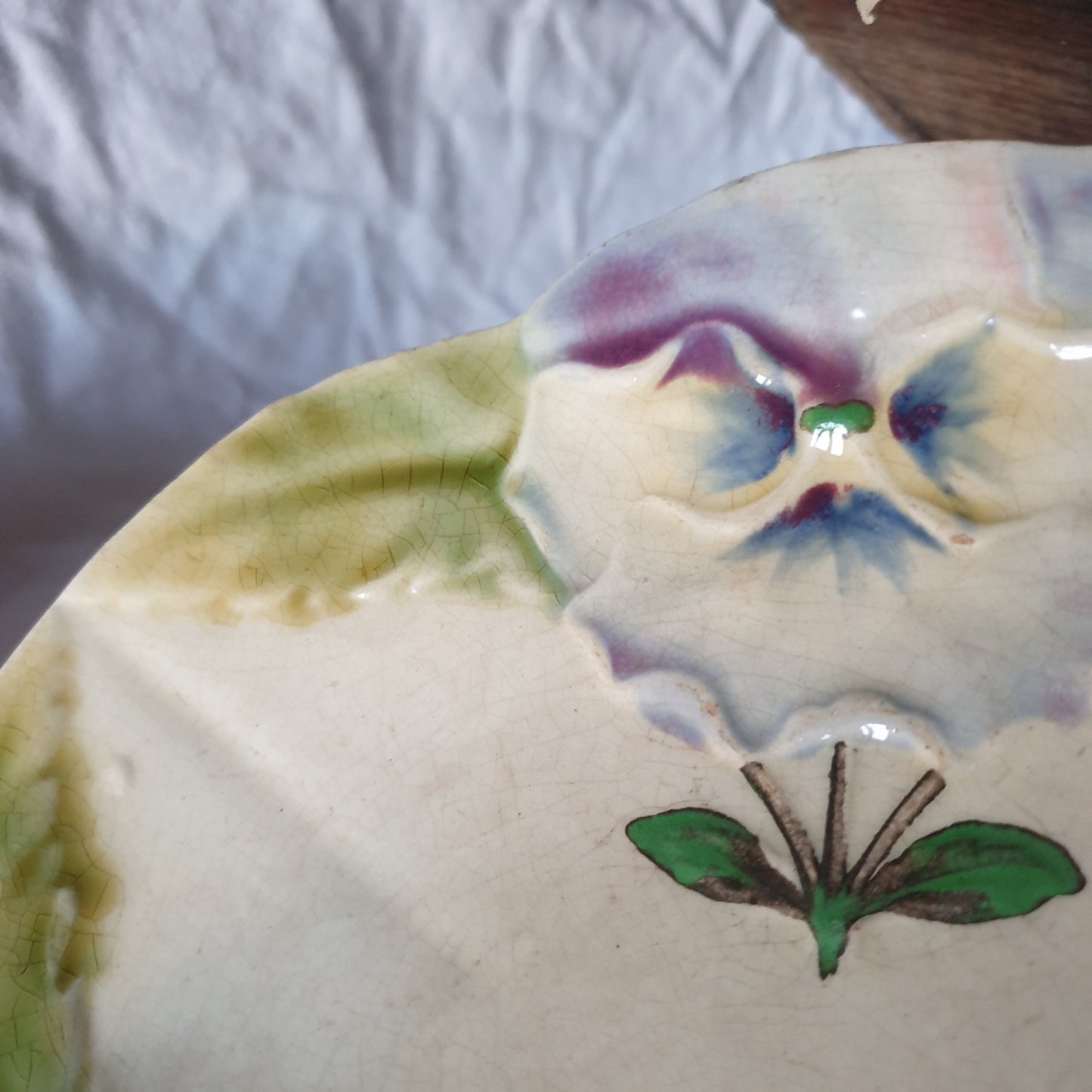 Antique French Majolica Plate, Barbotine Pansy Floral Design, Choisy-le-Roi