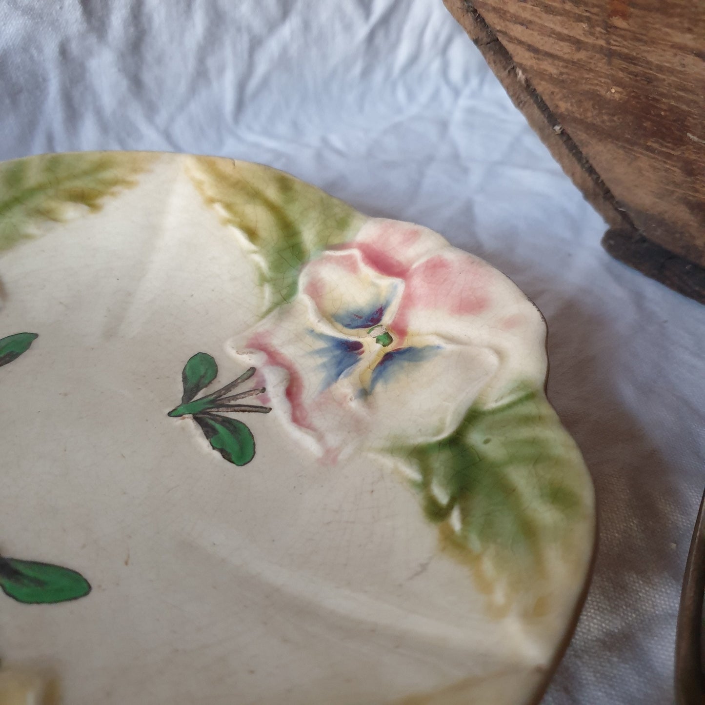 Antique French Majolica Plate, Barbotine Pansy Floral Design, Choisy-le-Roi