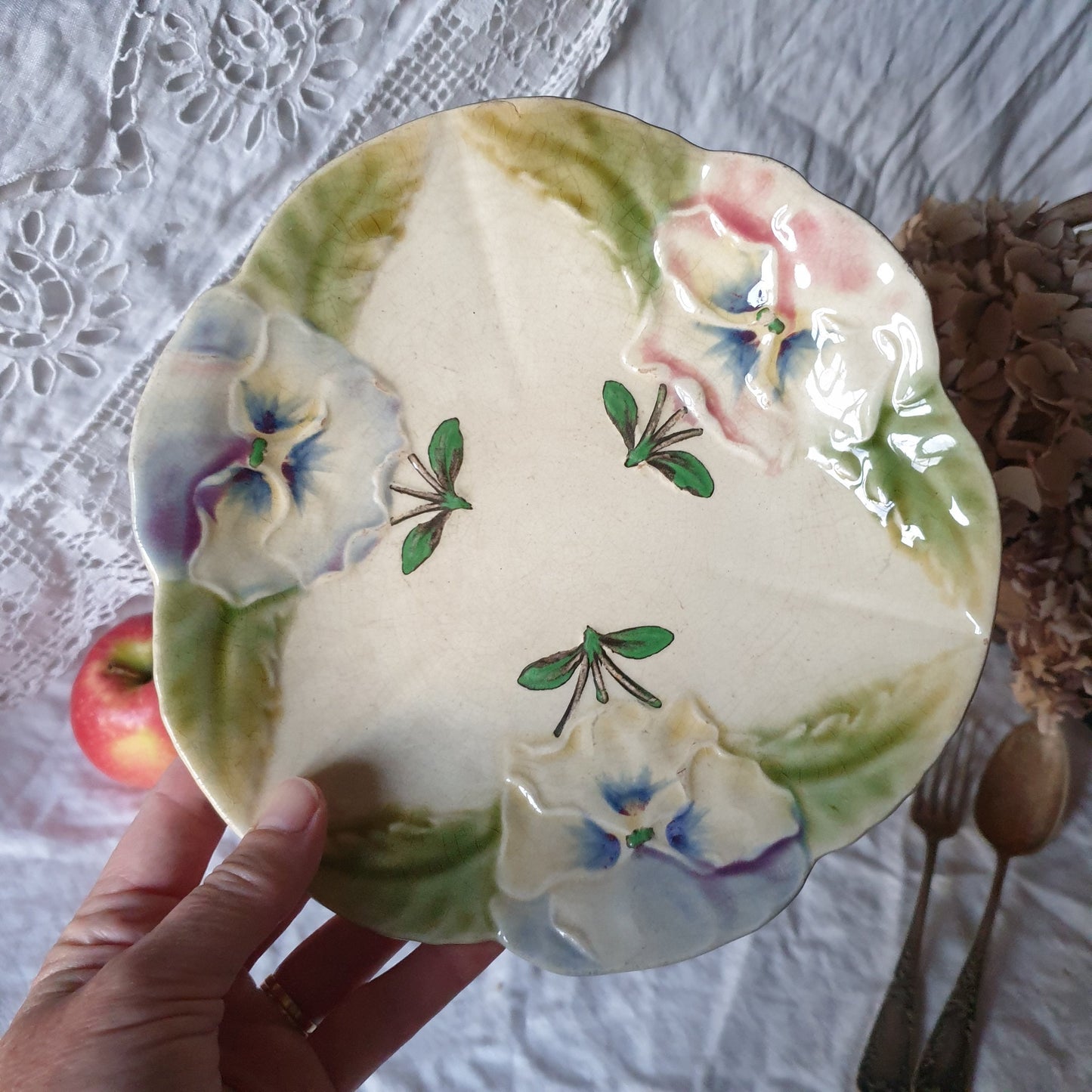 Antique French Majolica Plate, Barbotine Pansy Floral Design, Choisy-le-Roi