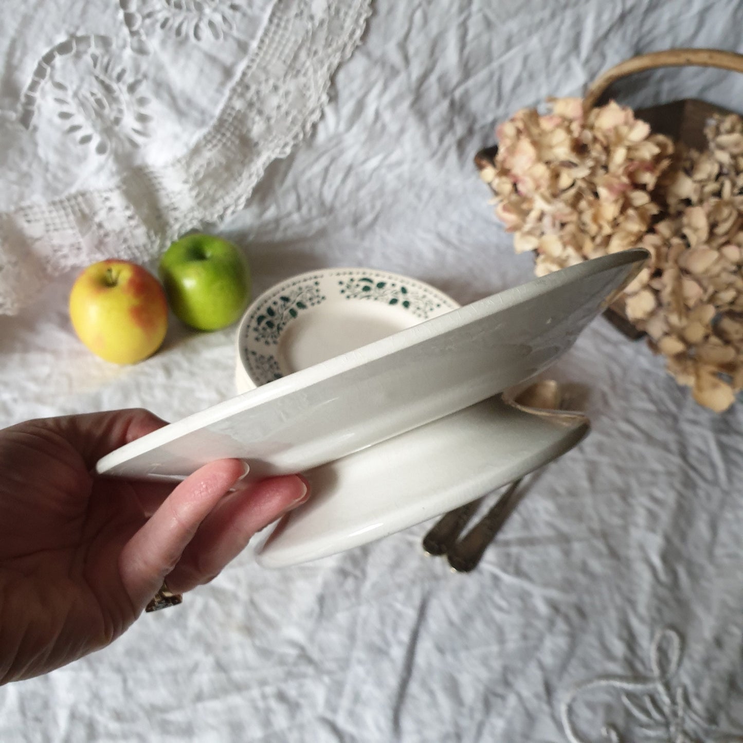 Vintage French Art Deco Ironstone Plate Set: Choisy-le-roi Green Leaf Dessert Plates & Cake Stand
