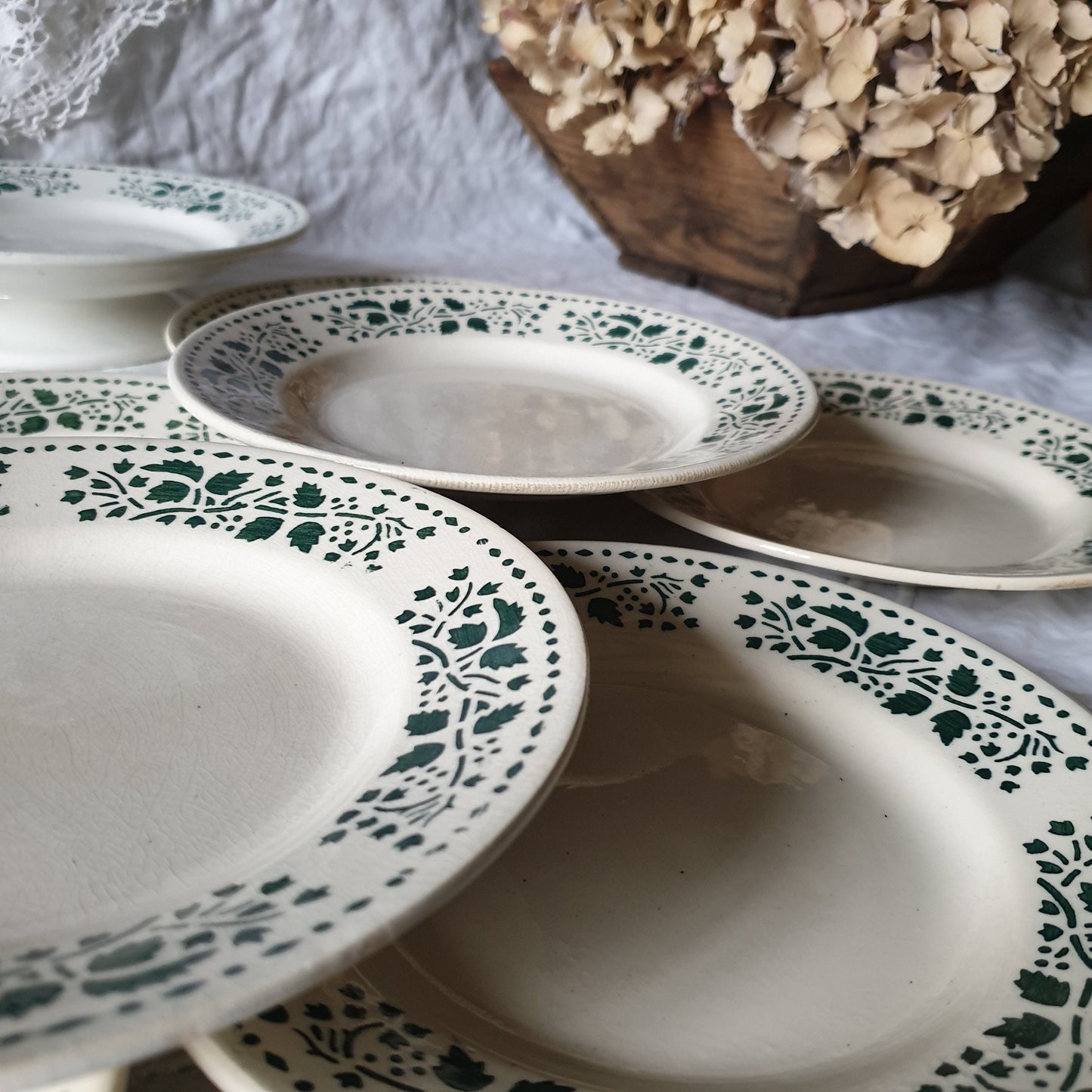 Vintage French Art Deco Ironstone Plate Set: Choisy-le-roi Green Leaf Dessert Plates & Cake Stand