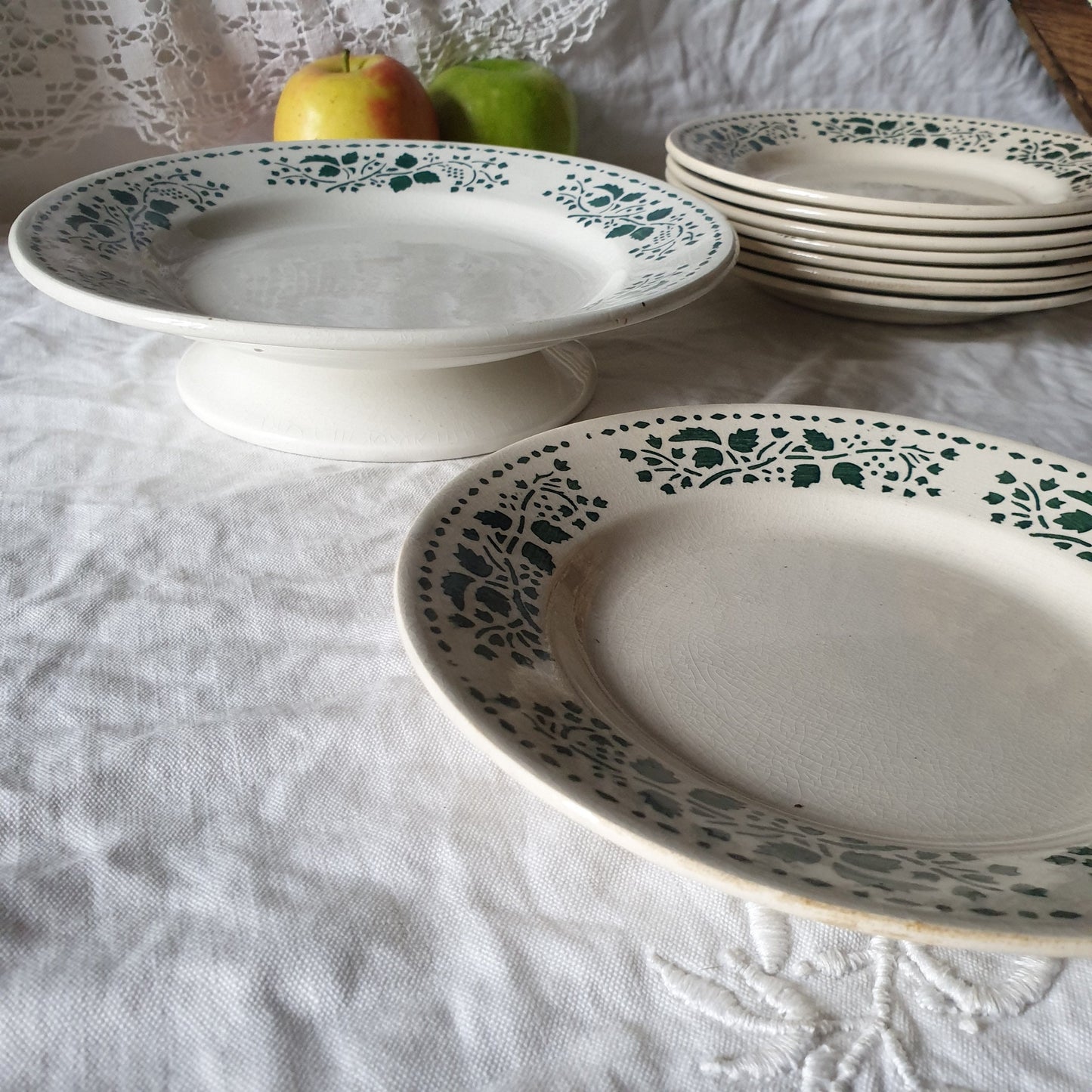 Vintage French Art Deco Ironstone Plate Set: Choisy-le-roi Green Leaf Dessert Plates & Cake Stand