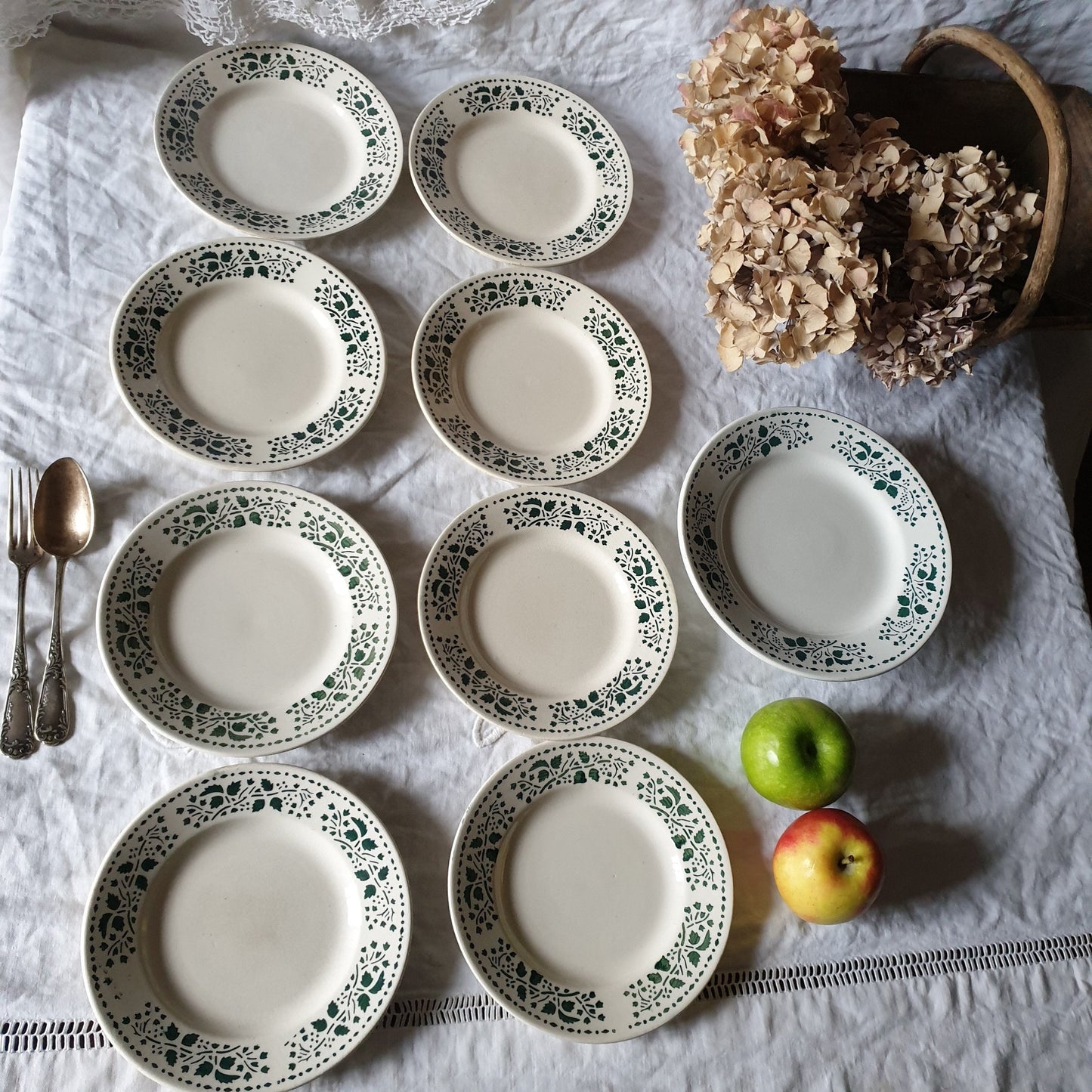 Vintage French Art Deco Ironstone Plate Set: Choisy-le-roi Green Leaf Dessert Plates & Cake Stand