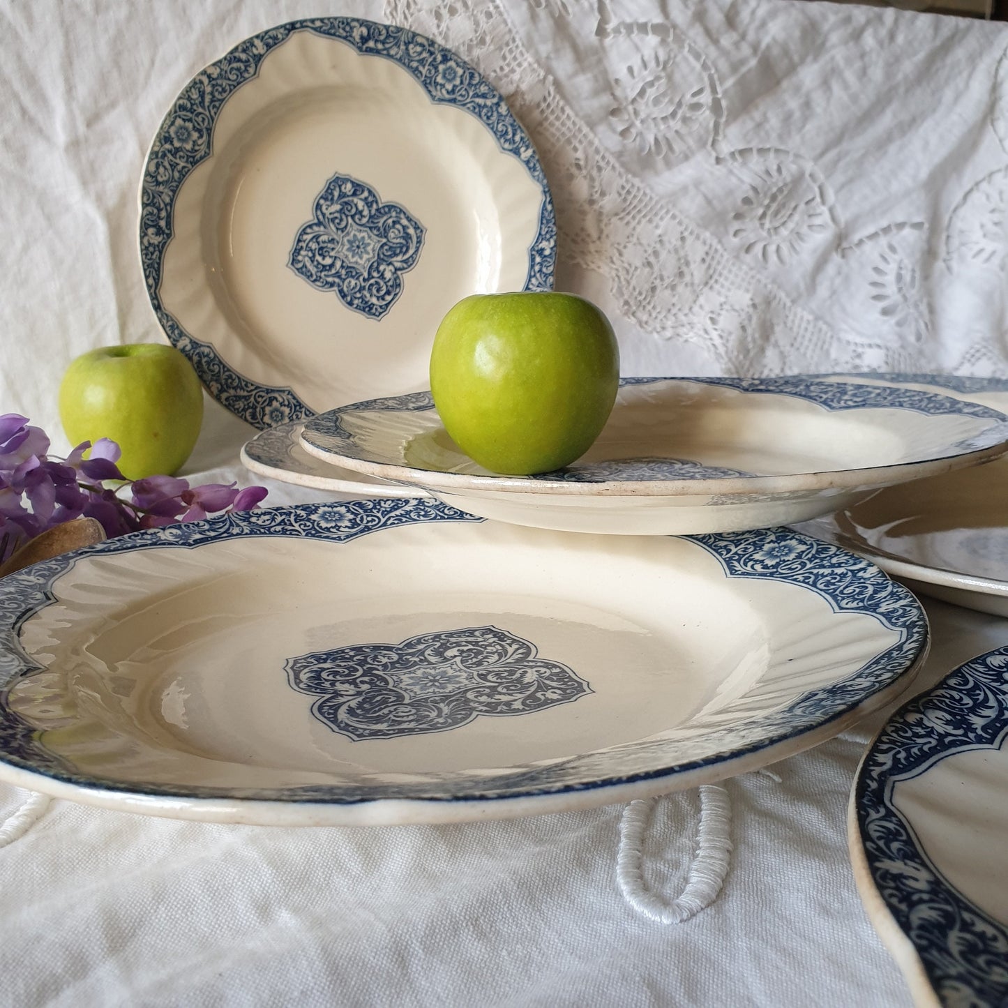 Antique Gien France Plates, Petrol Blue Floral Armorial, Set of 6