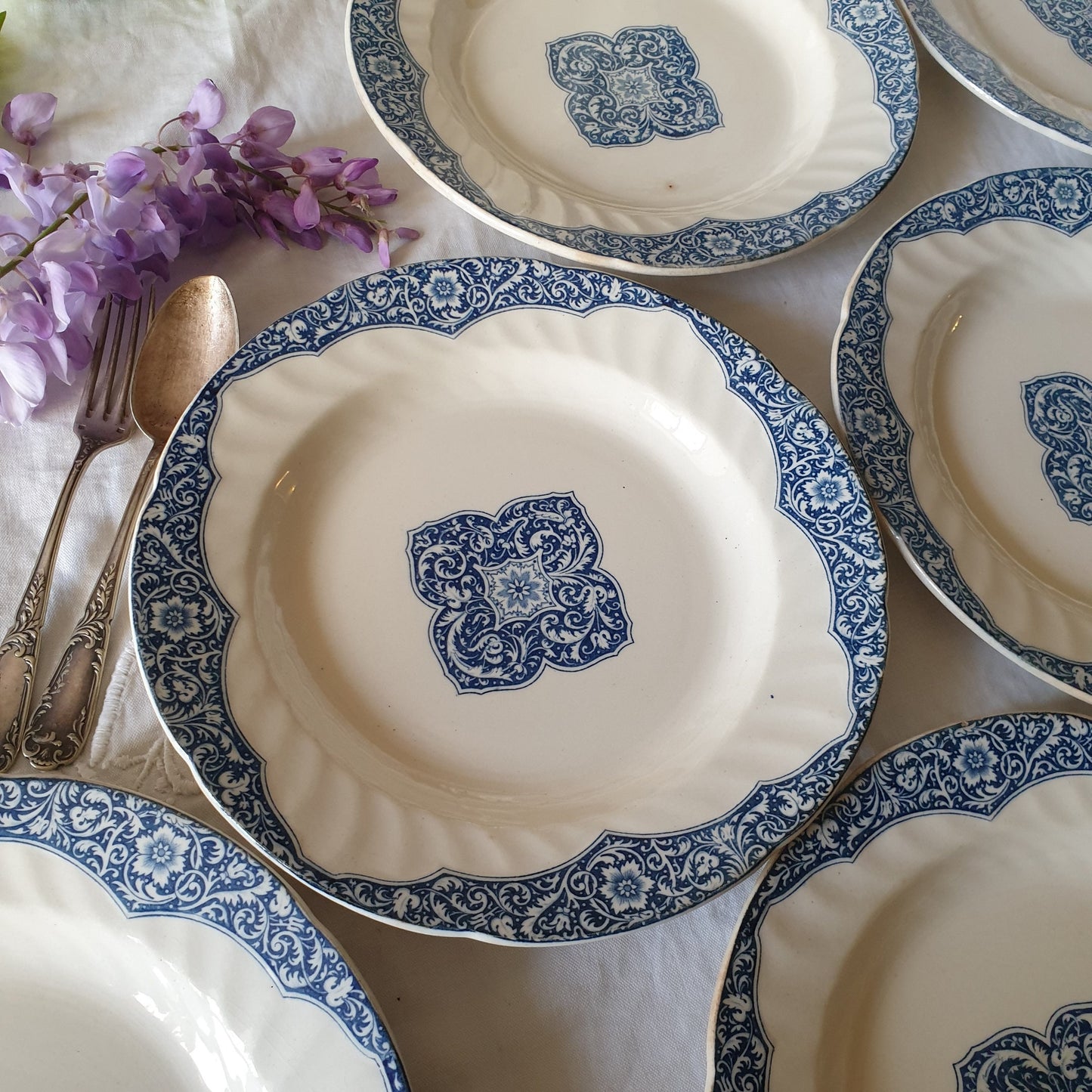 Antique Gien France Plates, Petrol Blue Floral Armorial, Set of 6