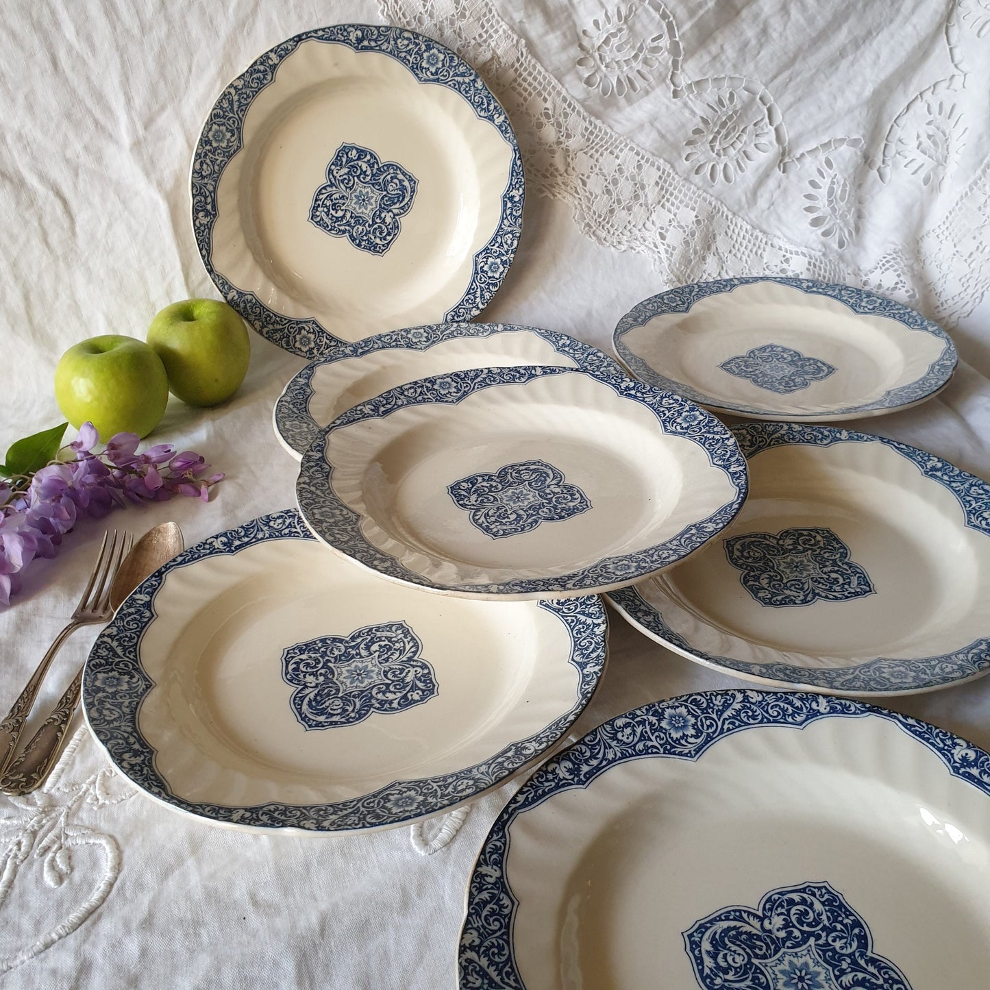 Antique Gien France Plates, Petrol Blue Floral Armorial, Set of 6