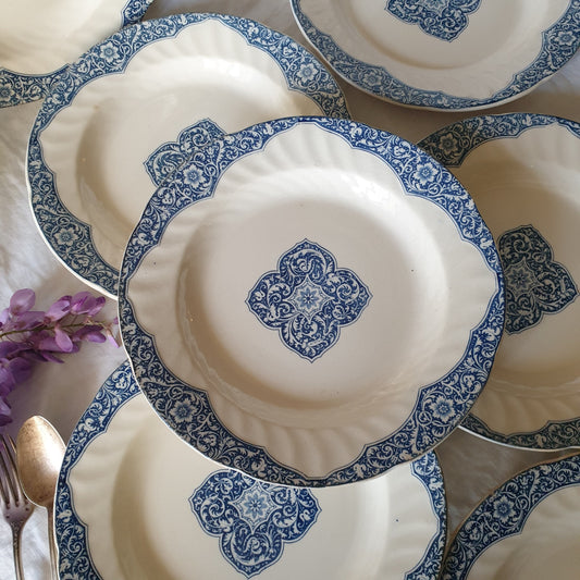 Antique Gien France Plates, Petrol Blue Floral Armorial, Set of 6