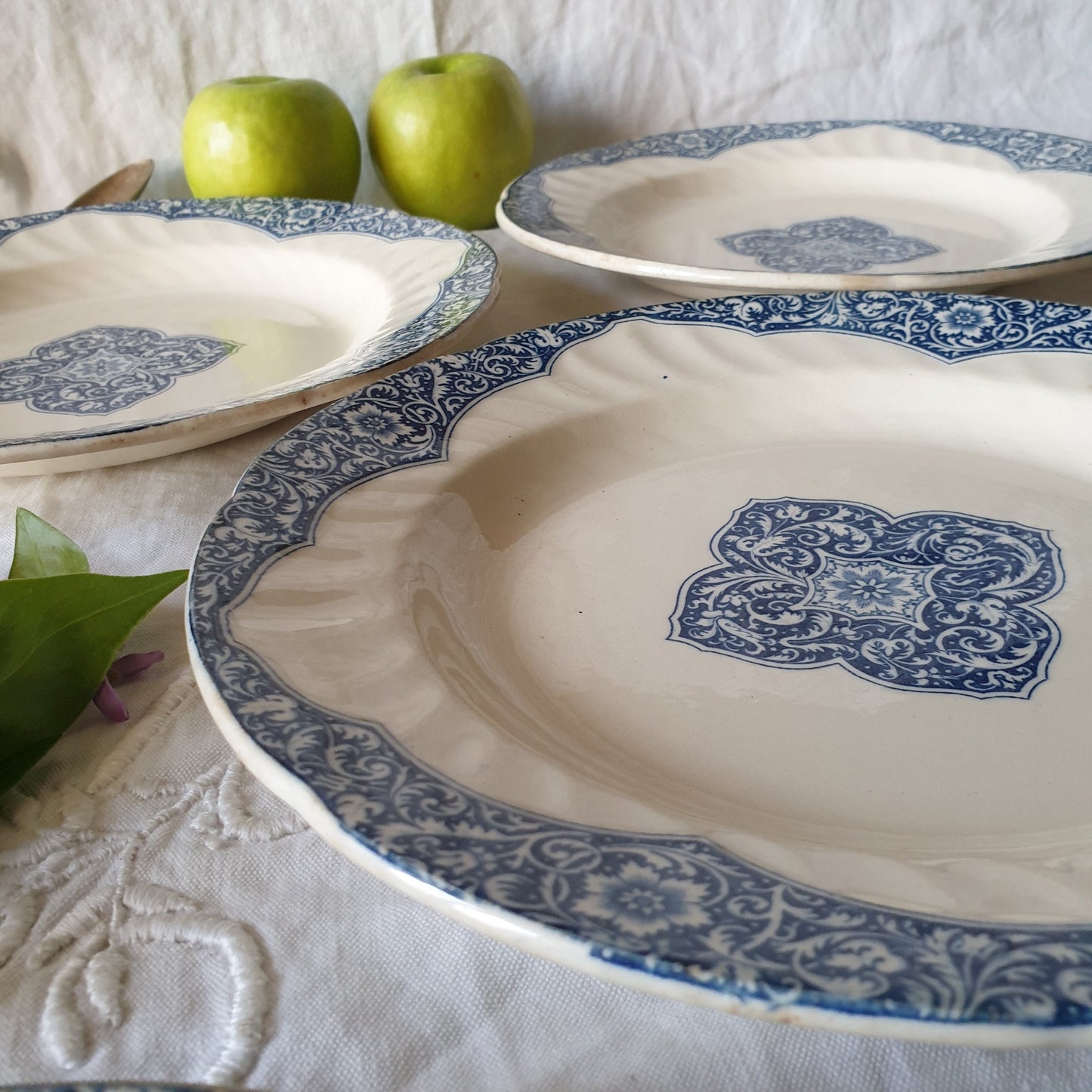 Antique Gien France Plates, Petrol Blue Floral Armorial, Set of 6