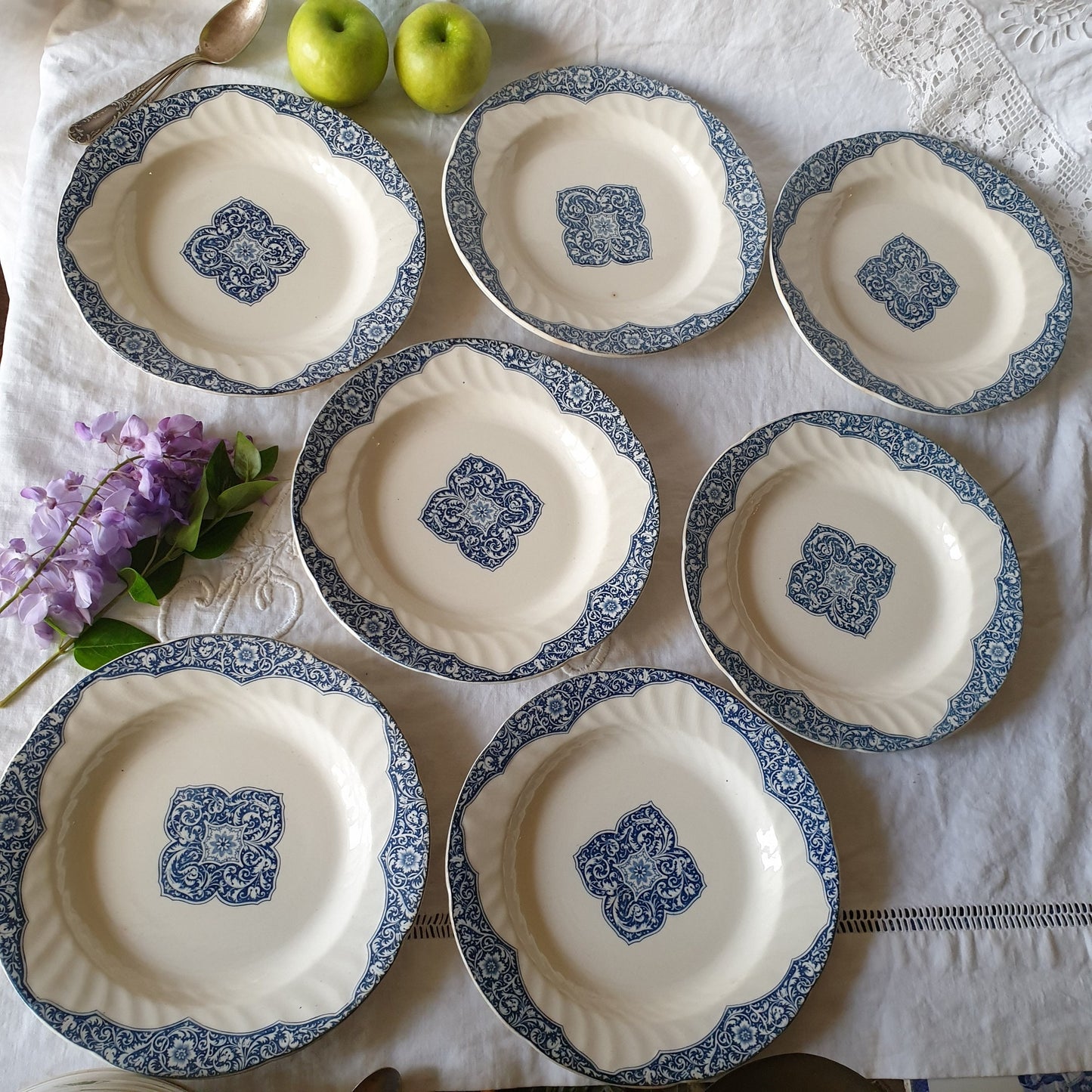 Antique Gien France Plates, Petrol Blue Floral Armorial, Set of 6