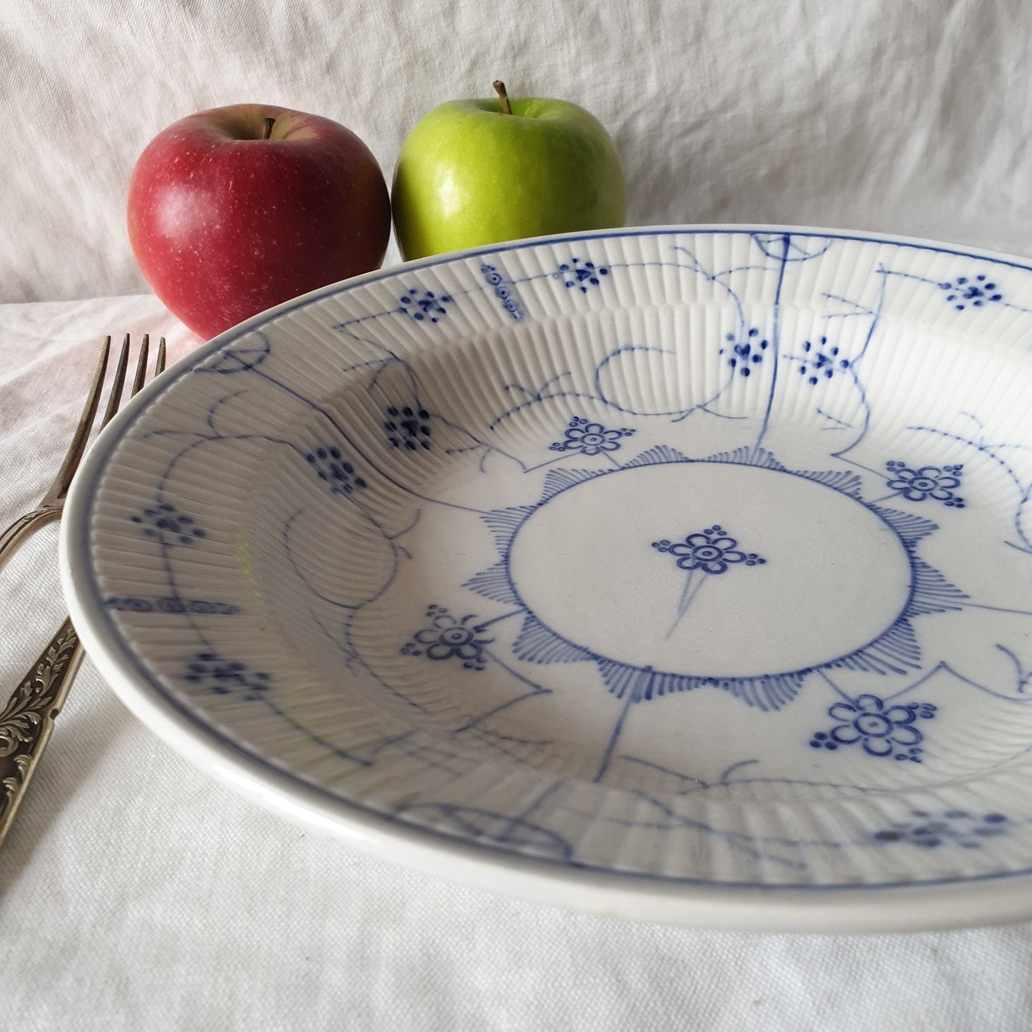Antique Sarreguemines Soup Plate, Blue Fluted Lace Design, c1870