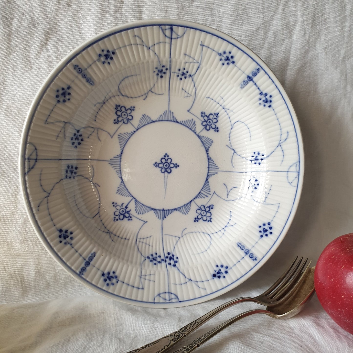 Antique Sarreguemines Soup Plate, Blue Fluted Lace Design, c1870