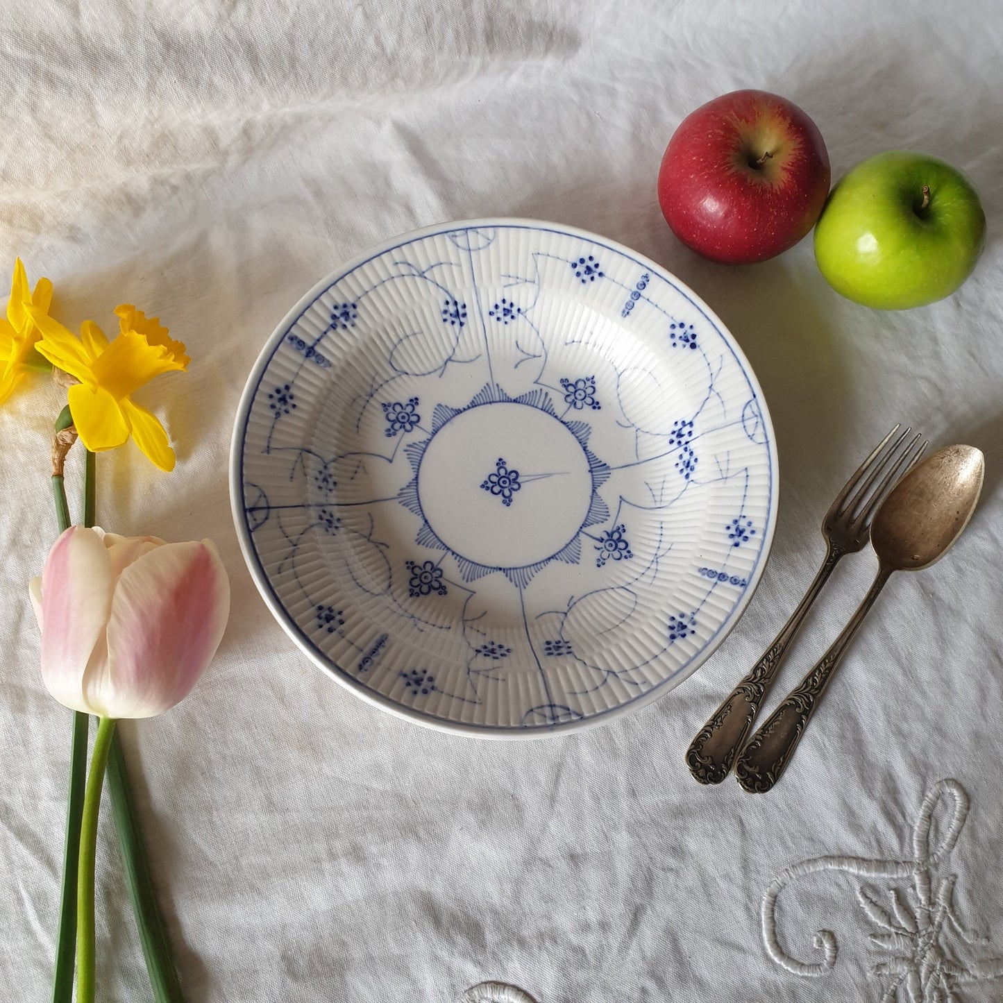 Antique Sarreguemines Soup Plate, Blue Fluted Lace Design, c1870