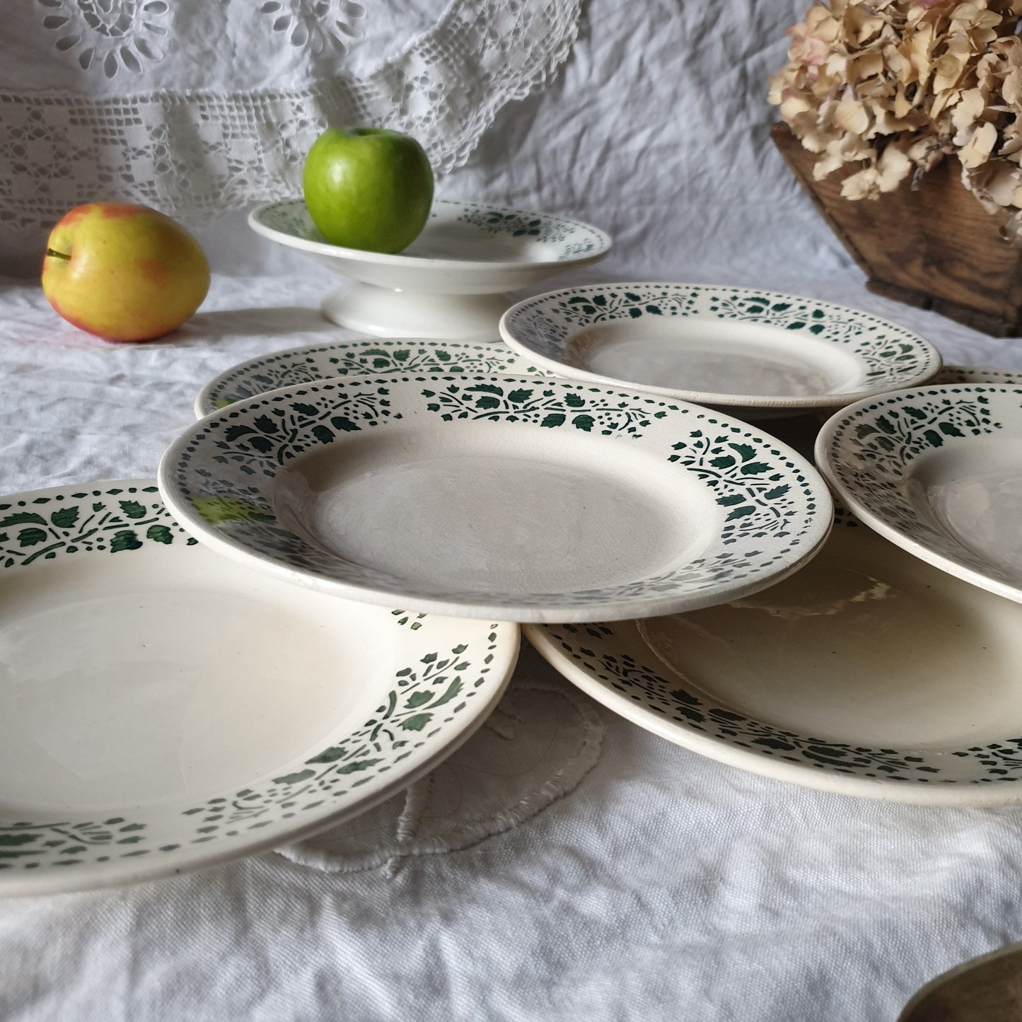 Vintage French Art Deco Ironstone Plate Set: Choisy-le-roi Green Leaf Dessert Plates & Cake Stand