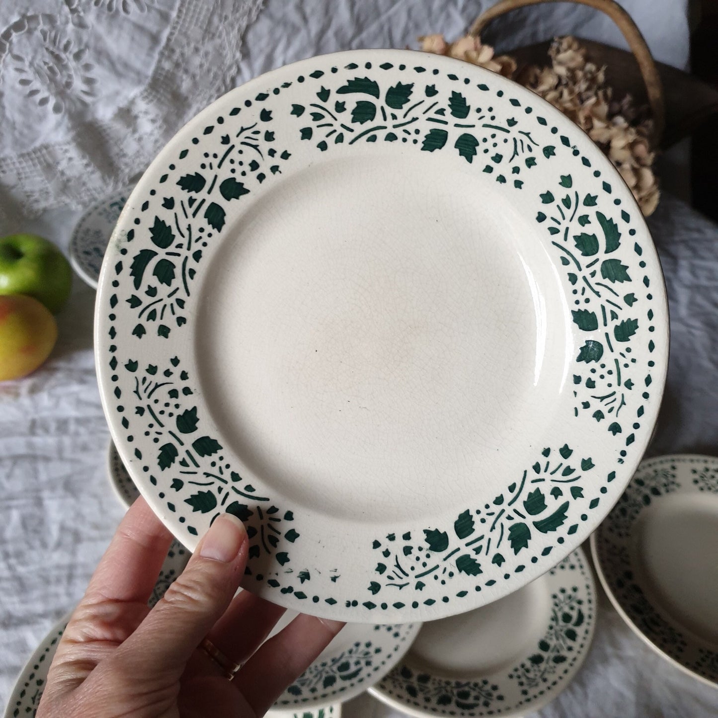 Vintage French Art Deco Ironstone Plate Set: Choisy-le-roi Green Leaf Dessert Plates & Cake Stand