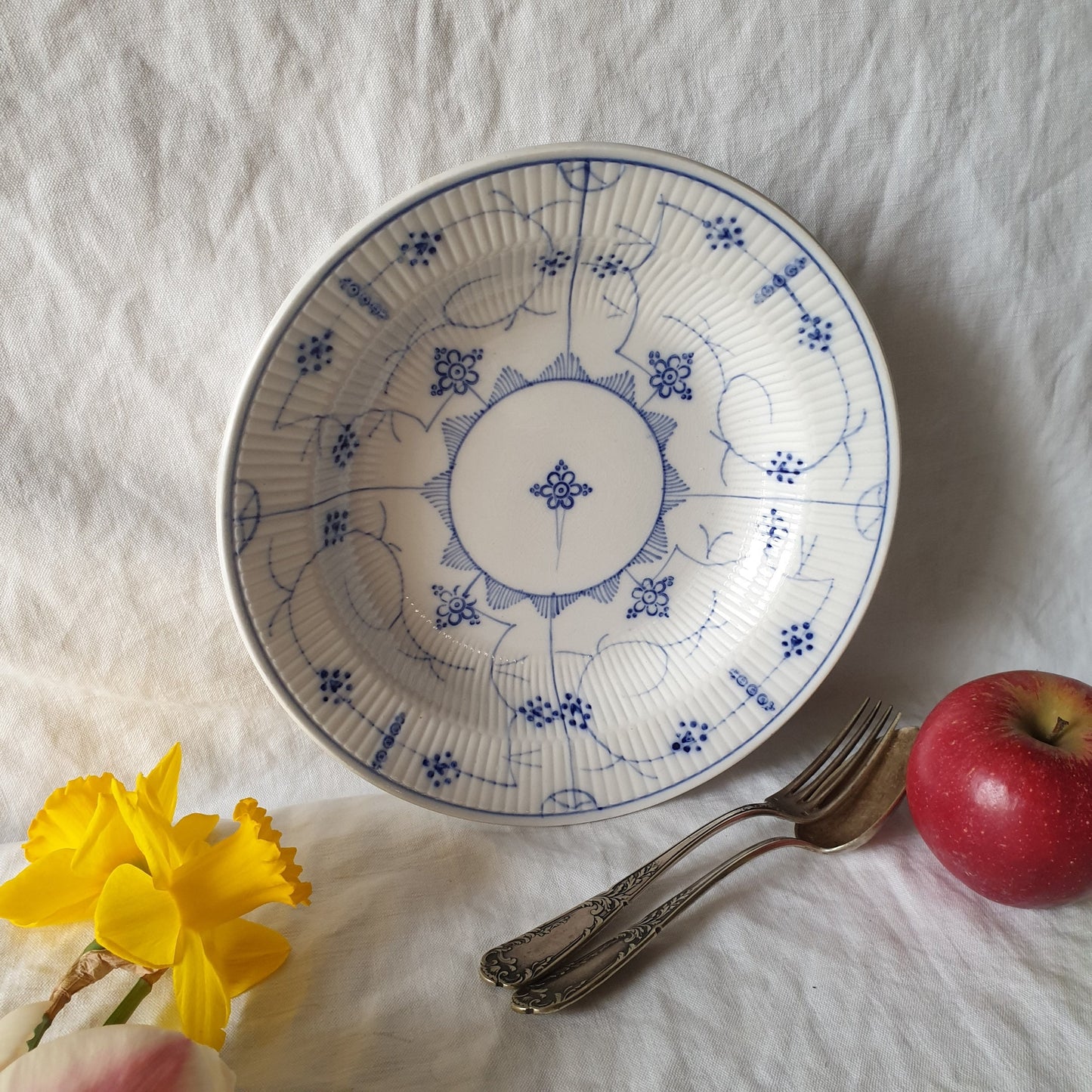 Antique Sarreguemines Soup Plate, Blue Fluted Lace Design, c1870