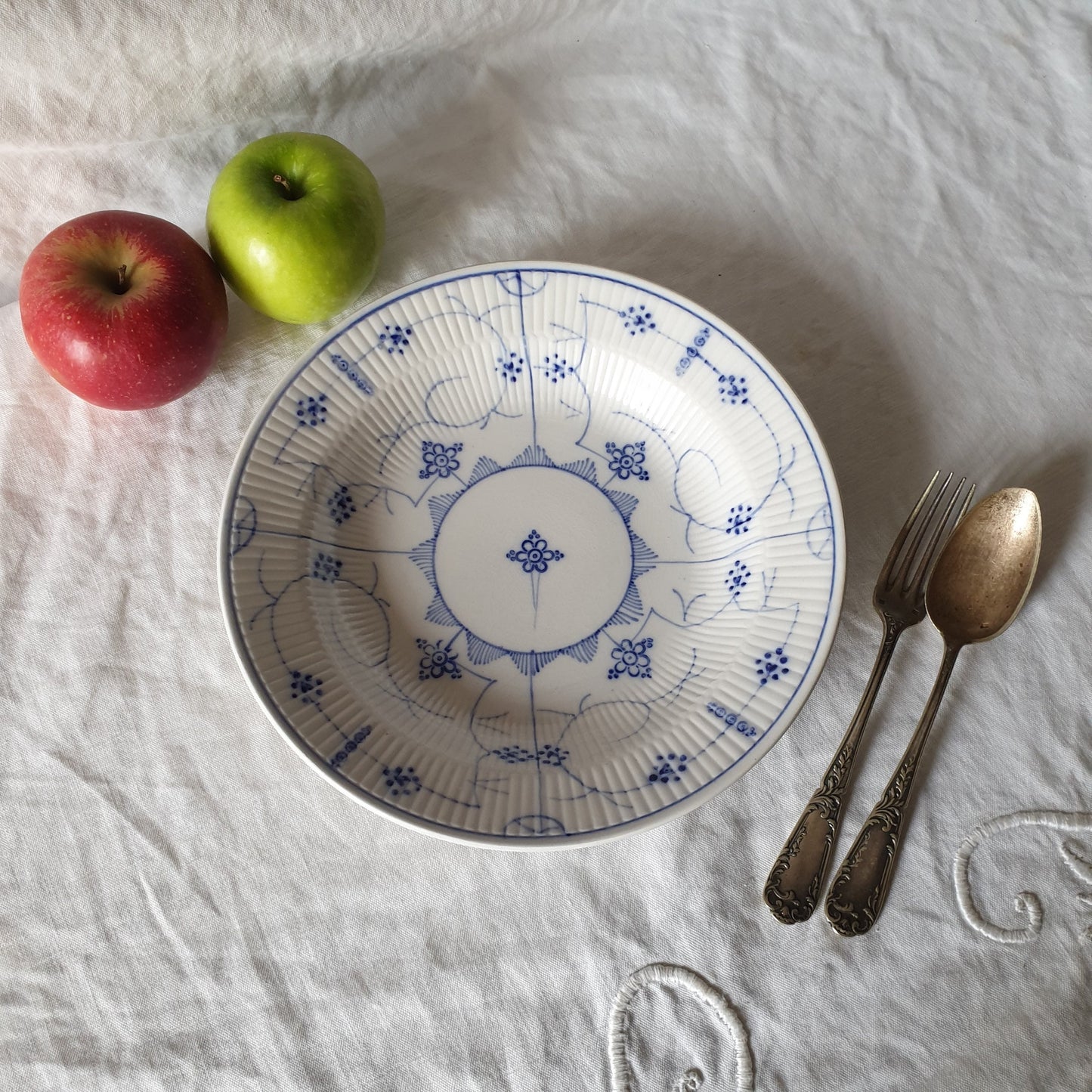 Antique Sarreguemines Soup Plate, Blue Fluted Lace Design, c1870