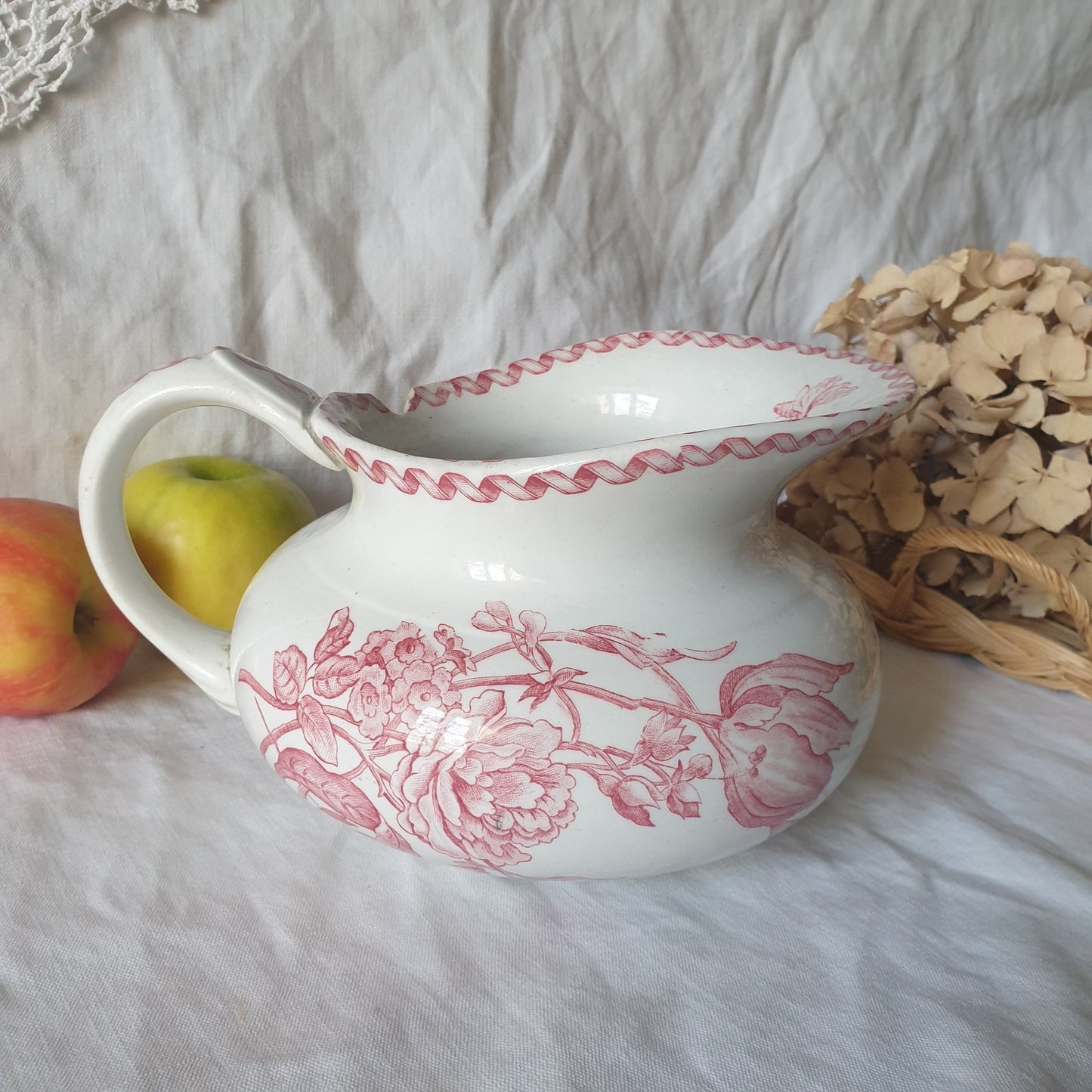 Gien Shabby Antique French Jug, Red Transferware Floral Ironstone w Ribbon motif