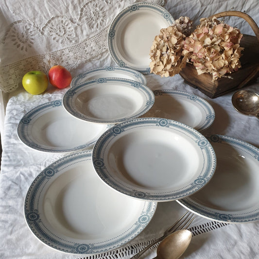 Antique French Ironstone Soup Plates, Set of 8, Sarreguemines Carina