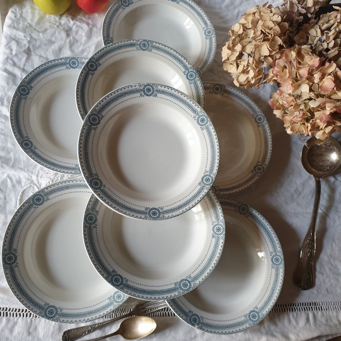 Antique French Ironstone Soup Plates, Set of 8, Sarreguemines Carina