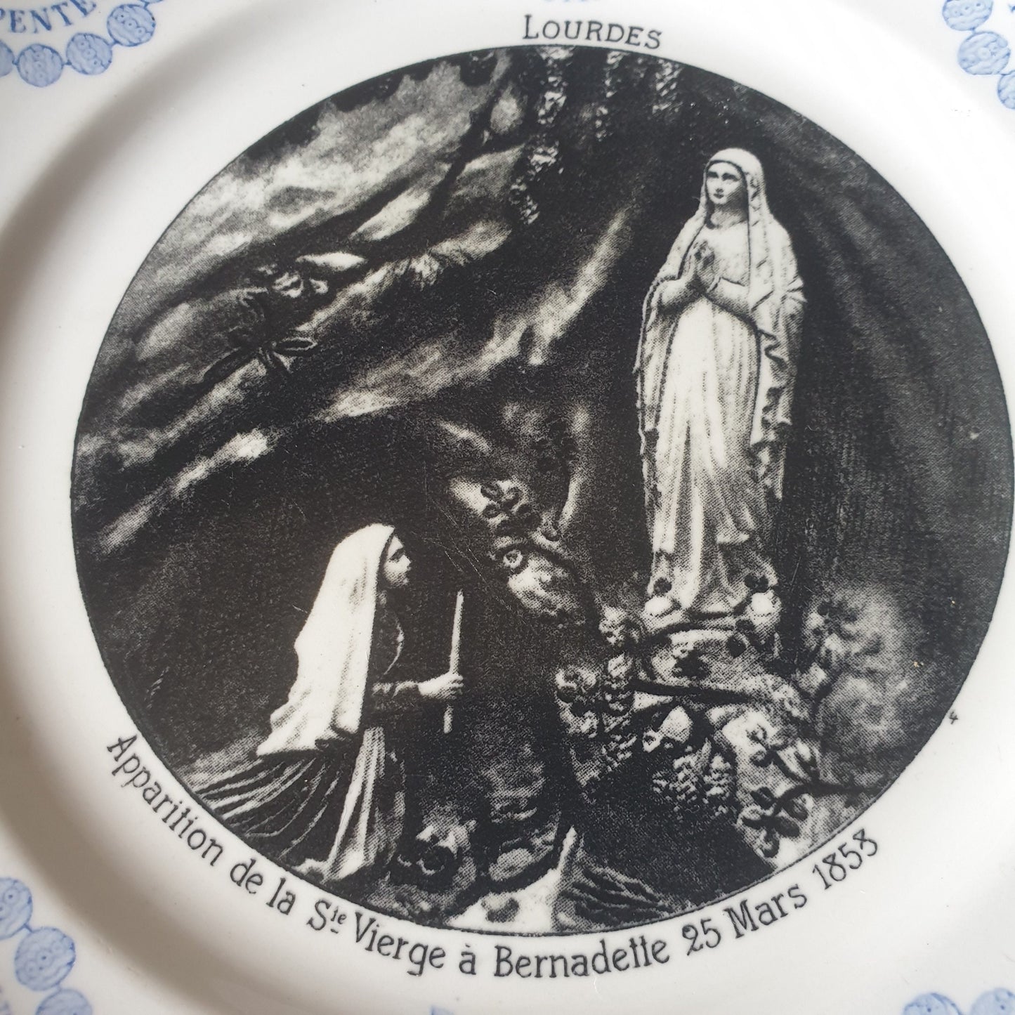 PAIR Antique Sarreguemines Lourdes Plates Blue Black Transferware France c1890 Virgin Mary