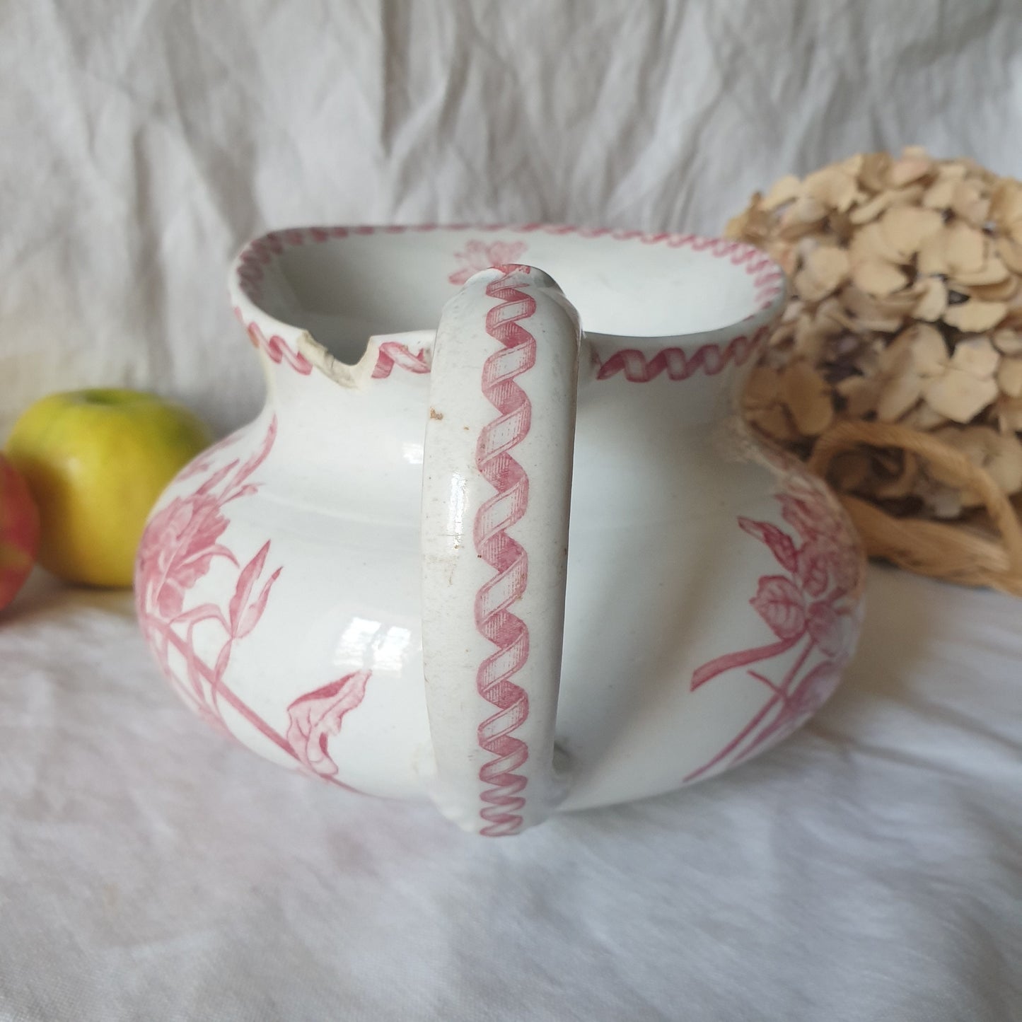 Gien Shabby Antique French Jug, Red Transferware Floral Ironstone w Ribbon motif