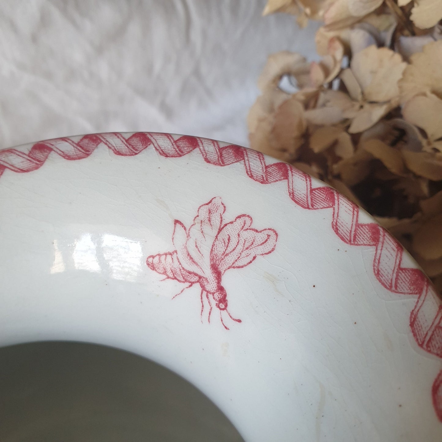 Gien Shabby Antique French Jug, Red Transferware Floral Ironstone w Ribbon motif