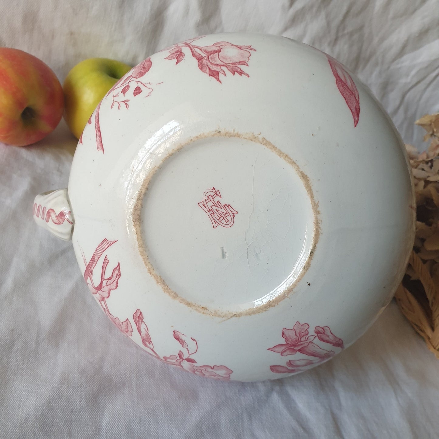 Gien Shabby Antique French Jug, Red Transferware Floral Ironstone w Ribbon motif