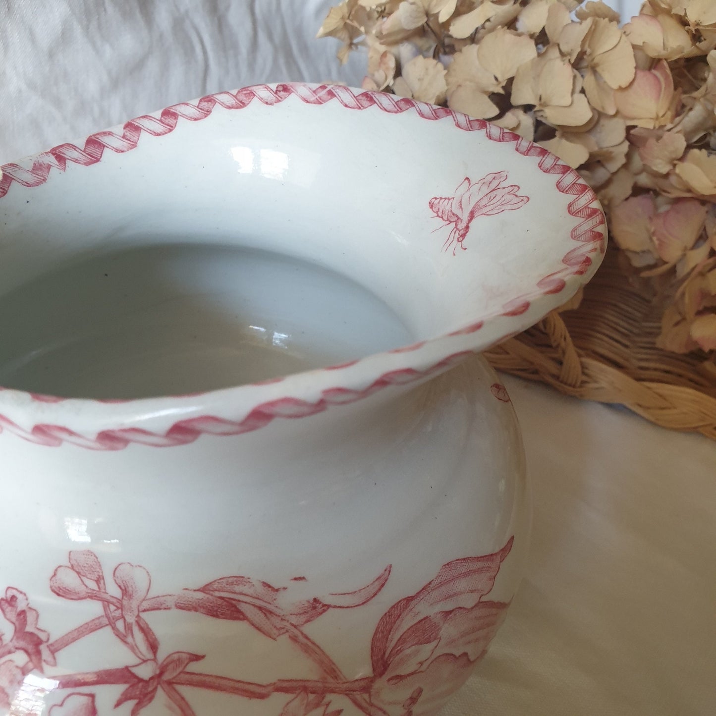 Gien Shabby Antique French Jug, Red Transferware Floral Ironstone w Ribbon motif