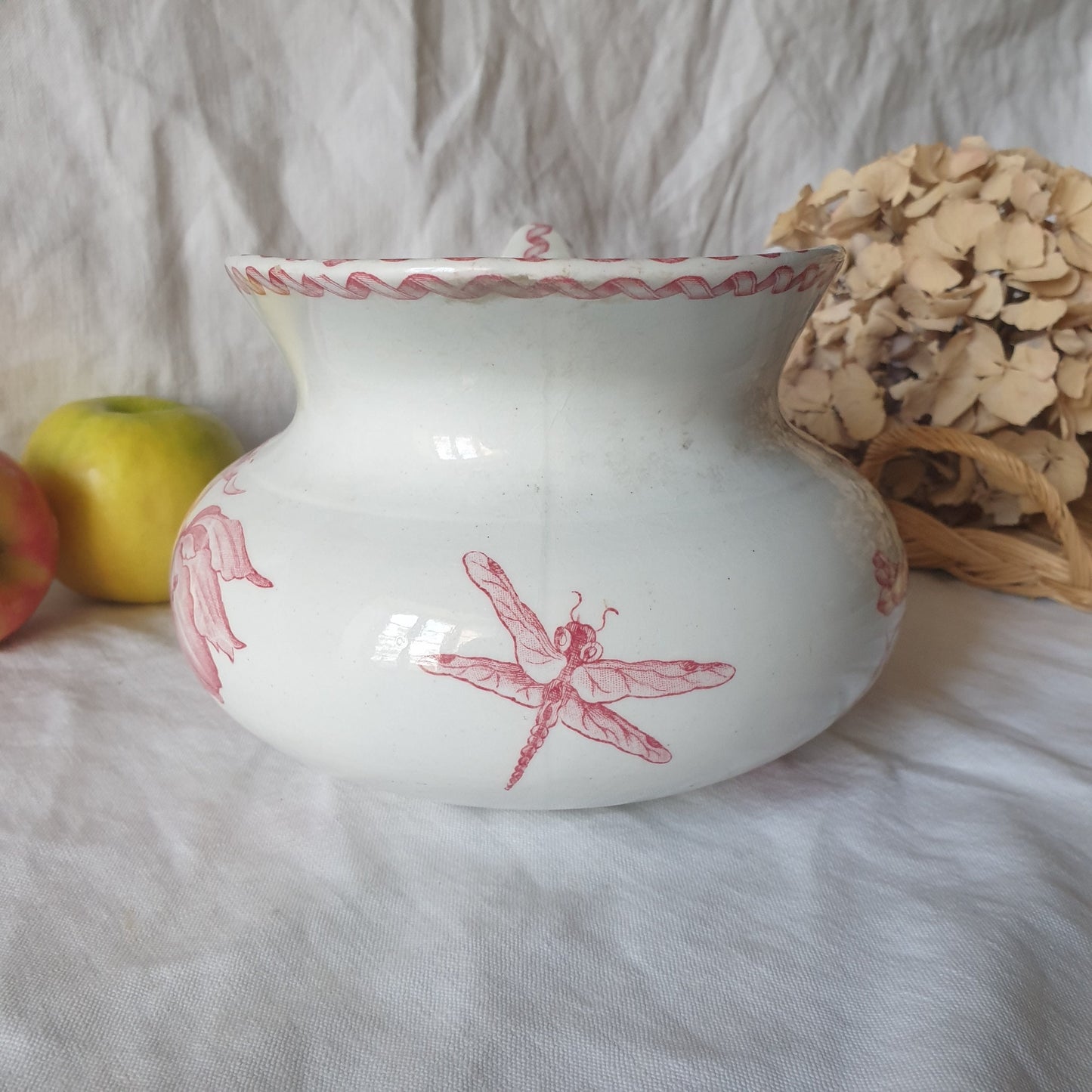 Gien Shabby Antique French Jug, Red Transferware Floral Ironstone w Ribbon motif