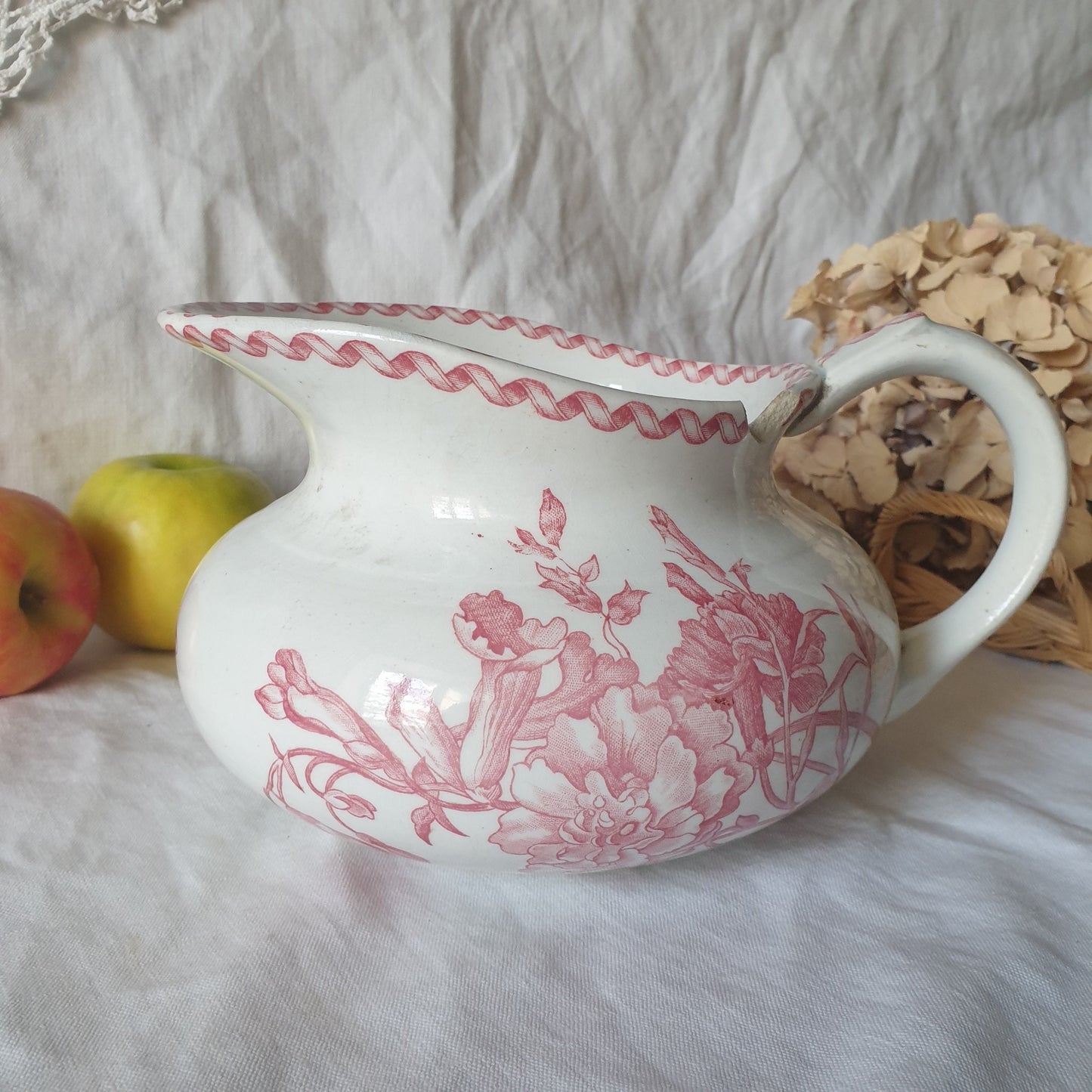 Gien Shabby Antique French Jug, Red Transferware Floral Ironstone w Ribbon motif