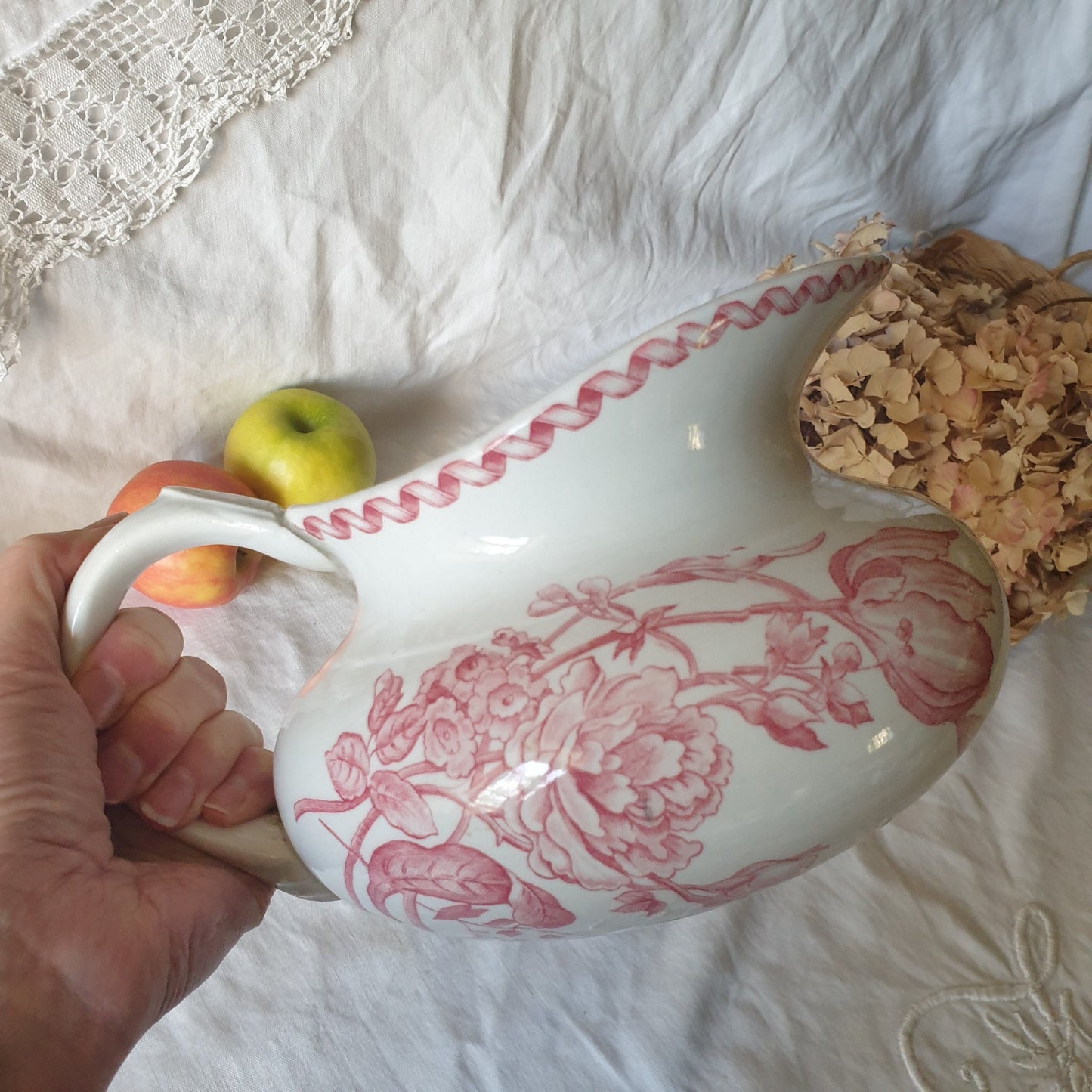 Gien Shabby Antique French Jug, Red Transferware Floral Ironstone w Ribbon motif