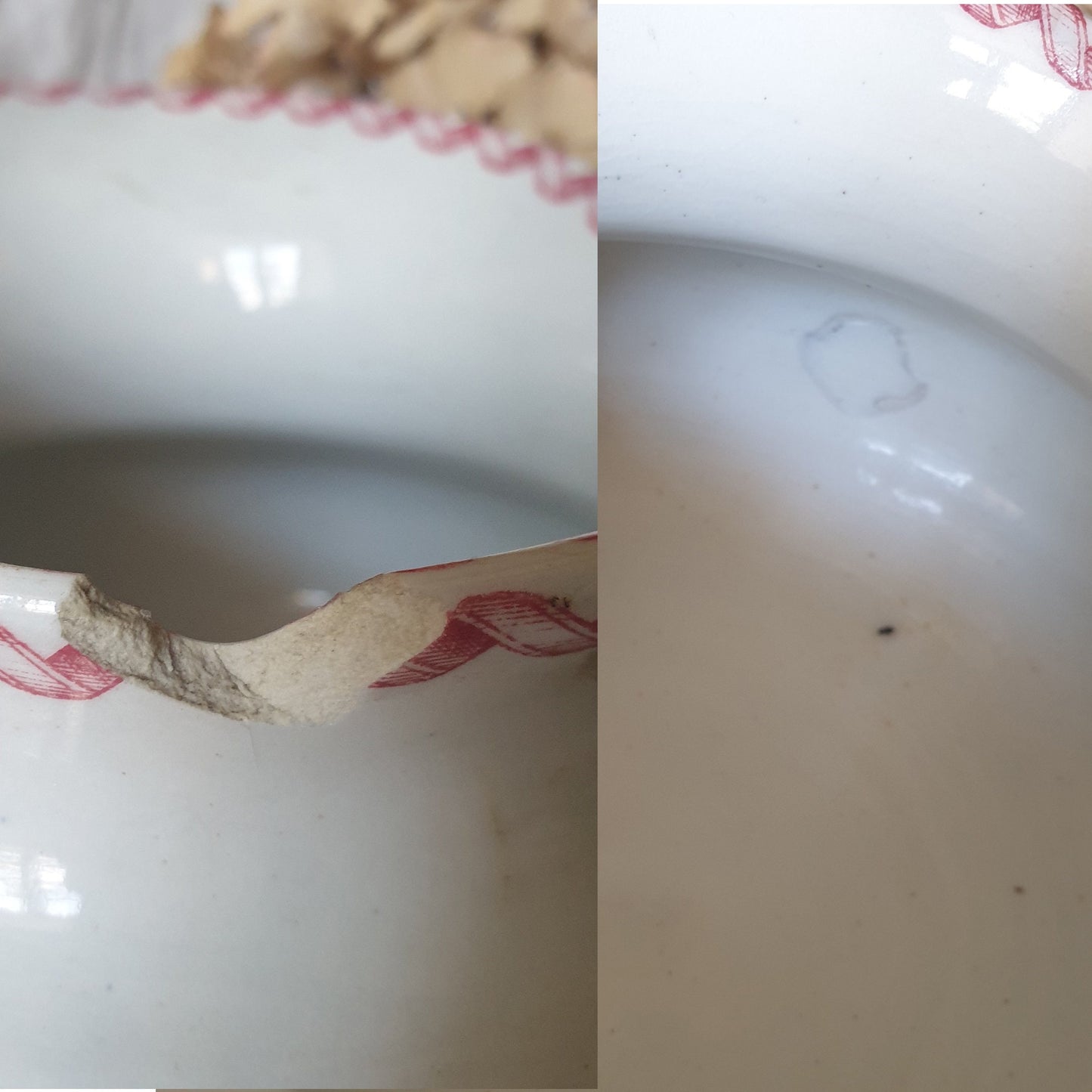 Gien Shabby Antique French Jug, Red Transferware Floral Ironstone w Ribbon motif