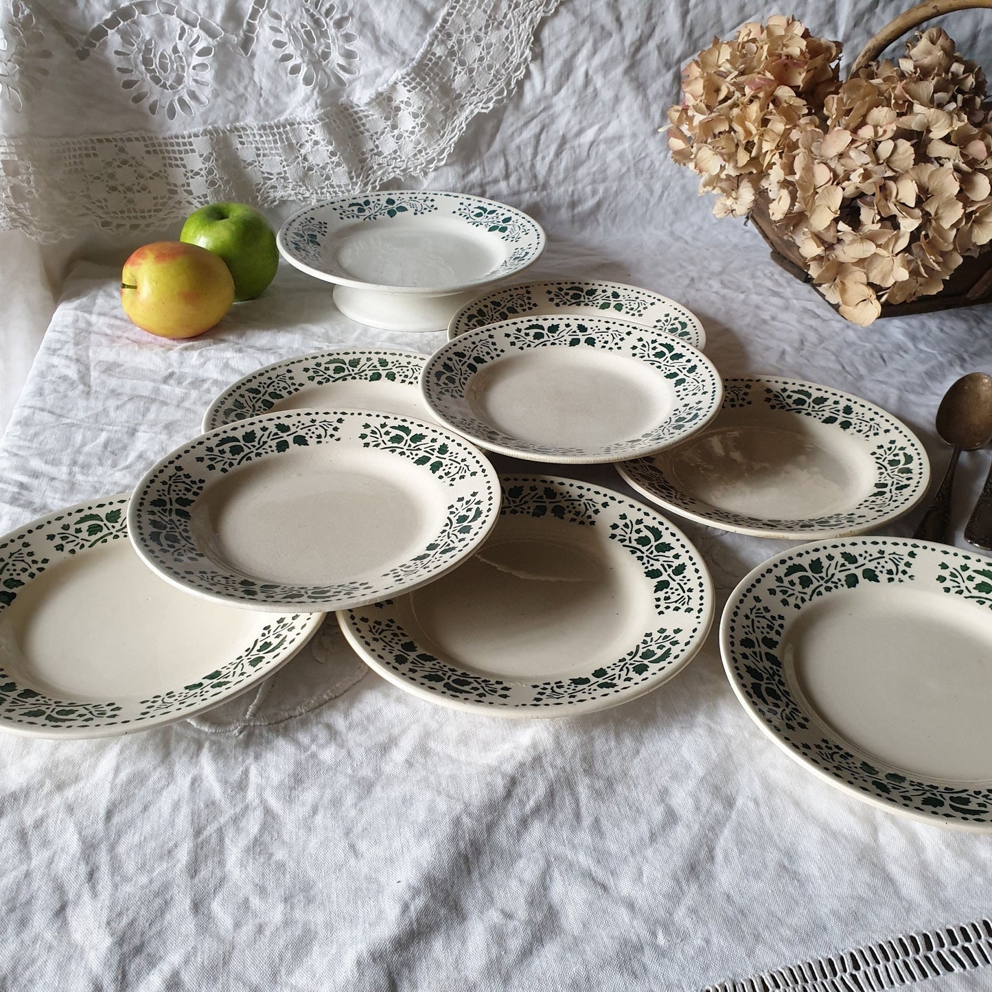 Vintage French Art Deco Ironstone Plate Set: Choisy-le-roi Green Leaf Dessert Plates & Cake Stand