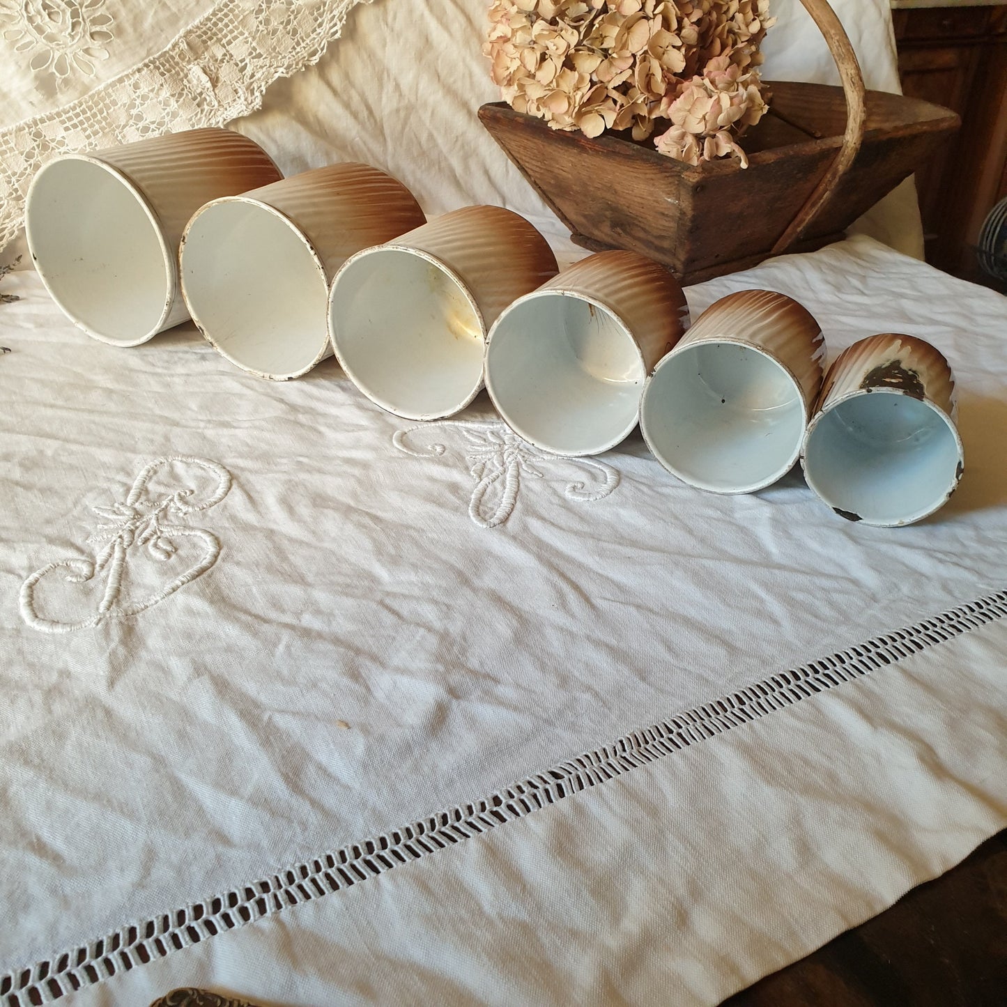 Antique French Enamel Kitchen Canisters, BB Torseine, Set of 6