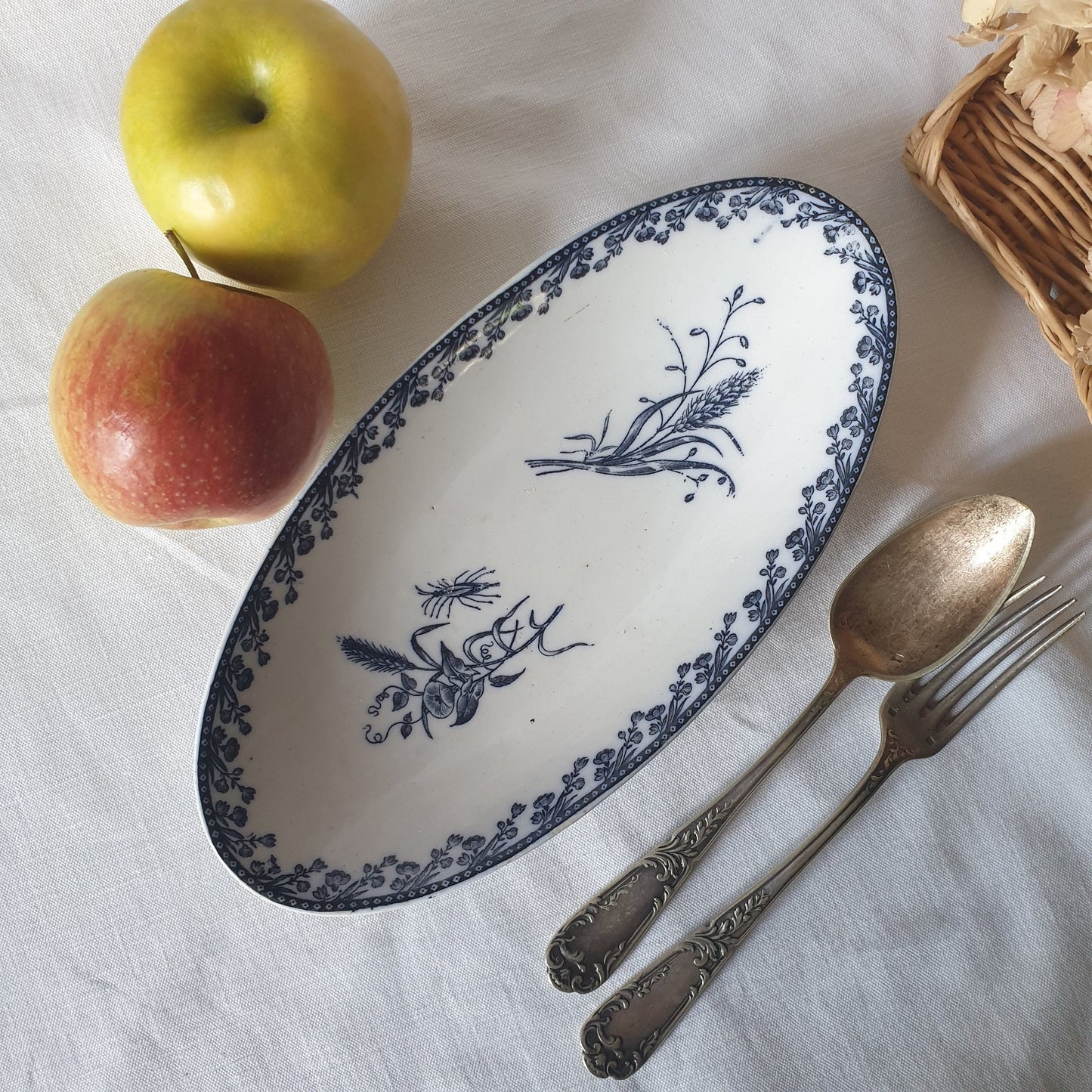 Antique French Ceramic Ravier, Blue Transferware Serving Dish, Floral Bug Design