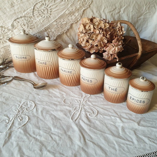 Antique French Enamel Kitchen Canisters, BB Torseine, Set of 6