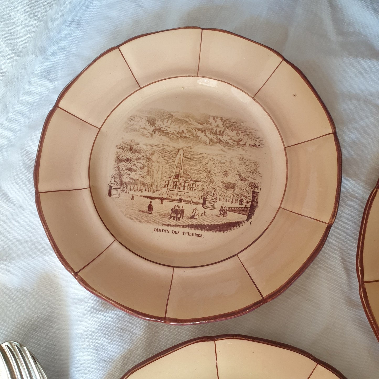 SET 5 Paris Architecture 19thC cabinet plates, sepia transferware on beige, K&G Luneville France