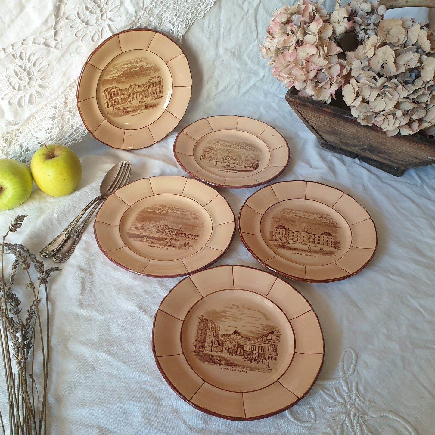 SET 5 Paris Architecture 19thC cabinet plates, sepia transferware on beige, K&G Luneville France