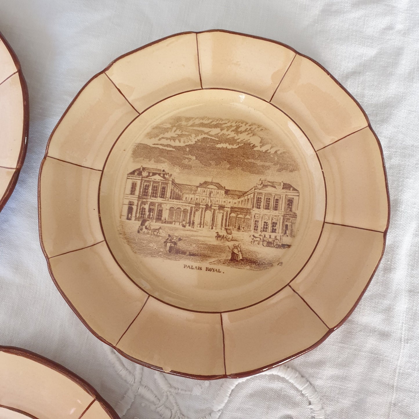 SET 5 Paris Architecture 19thC cabinet plates, sepia transferware on beige, K&G Luneville France