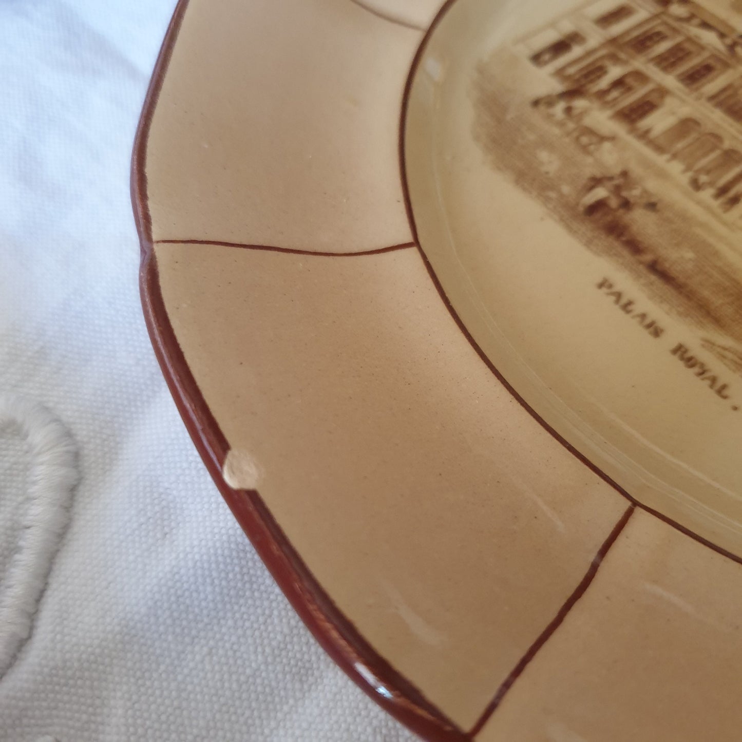 SET 5 Paris Architecture 19thC cabinet plates, sepia transferware on beige, K&G Luneville France