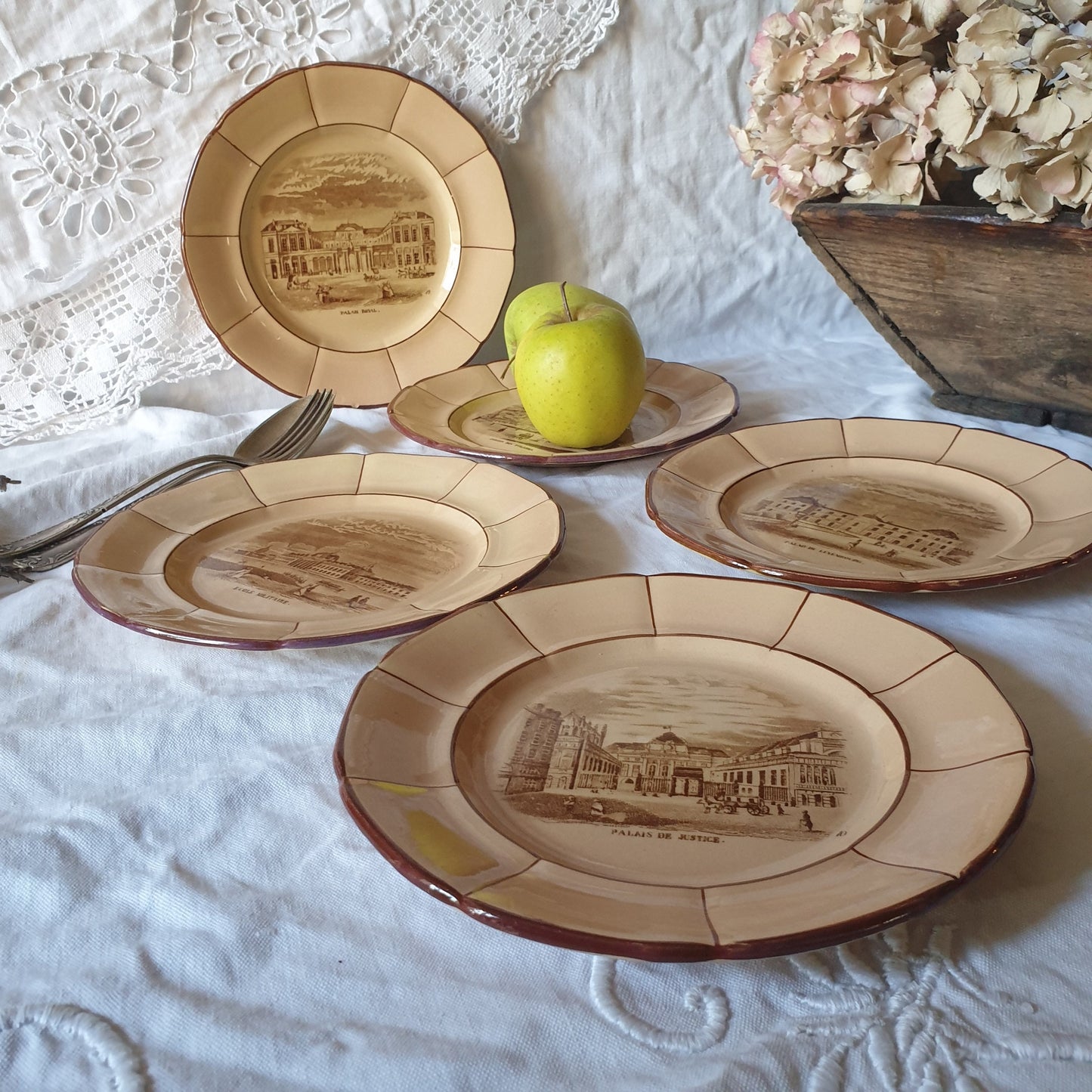 SET 5 Paris Architecture 19thC cabinet plates, sepia transferware on beige, K&G Luneville France