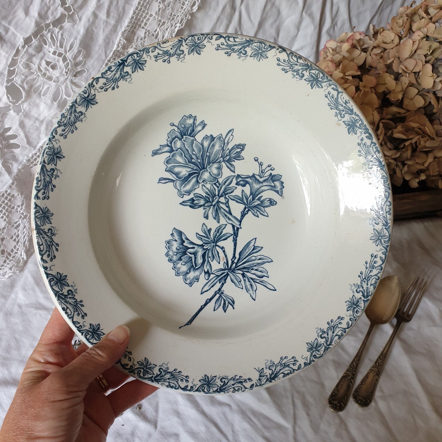 Antique French St Amand Salad Bowl, Petrol Blue Transferware, Floral Design