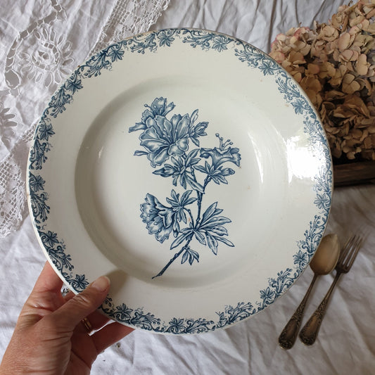 Antique French St Amand Salad Bowl, Petrol Blue Transferware, Floral Design