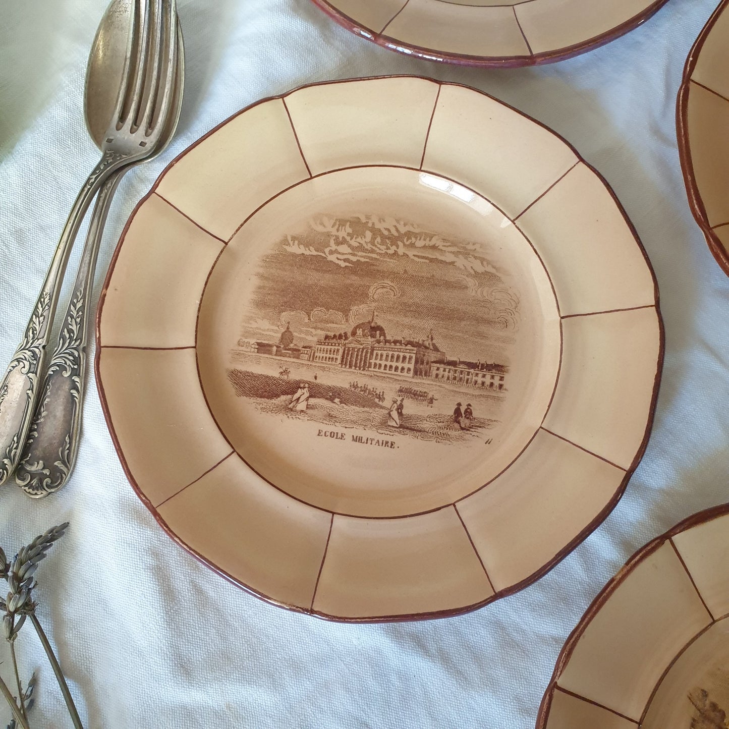 SET 5 Paris Architecture 19thC cabinet plates, sepia transferware on beige, K&G Luneville France