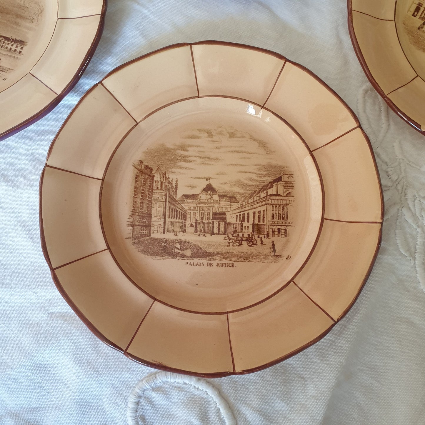 SET 5 Paris Architecture 19thC cabinet plates, sepia transferware on beige, K&G Luneville France