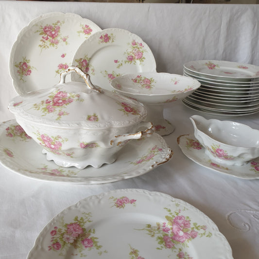 Antique Limoges Porcelain Dinner Service, Pink Roses, Gold Gilt, c1908-20