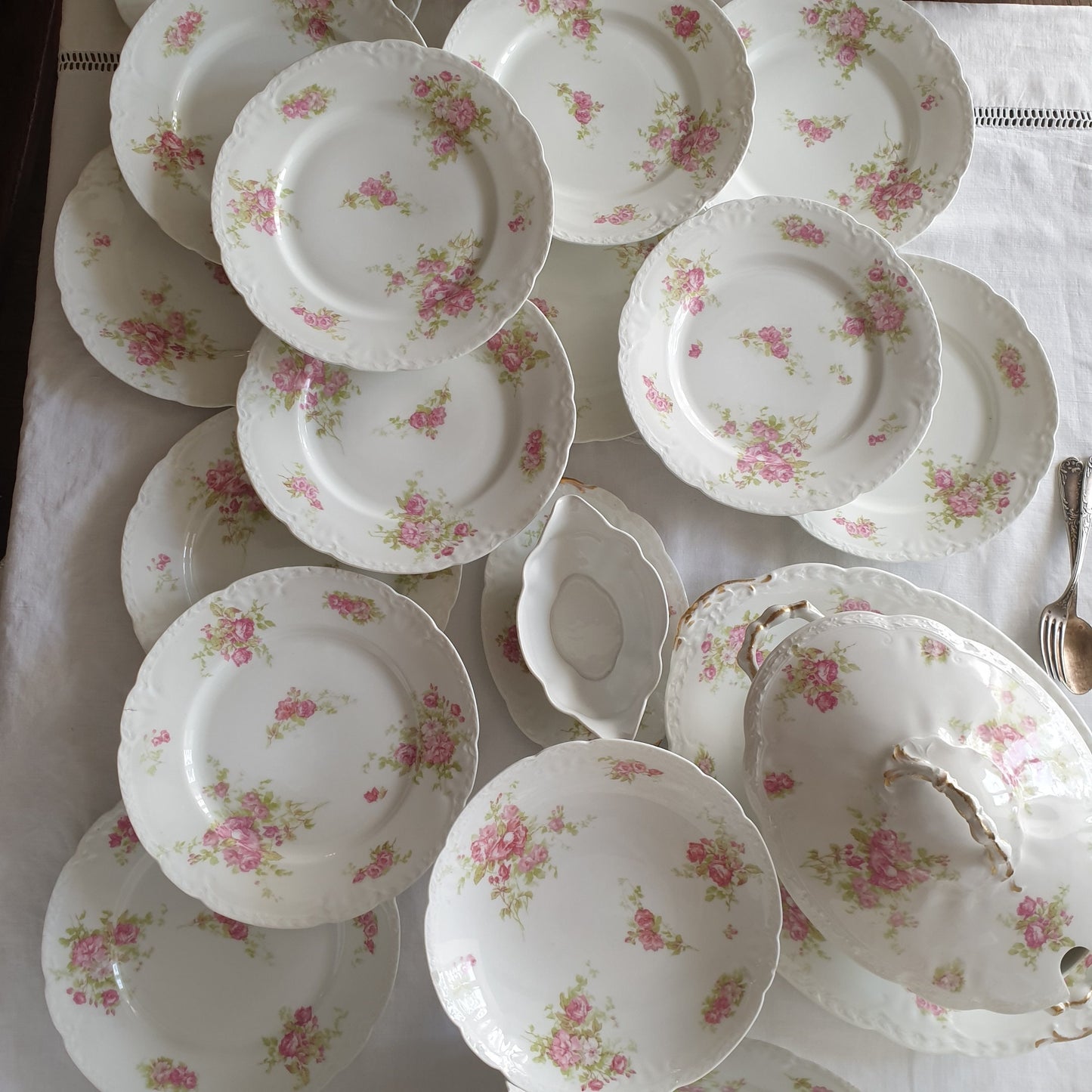 Antique Limoges Porcelain Dinner Service, Pink Roses, Gold Gilt, c1908-20