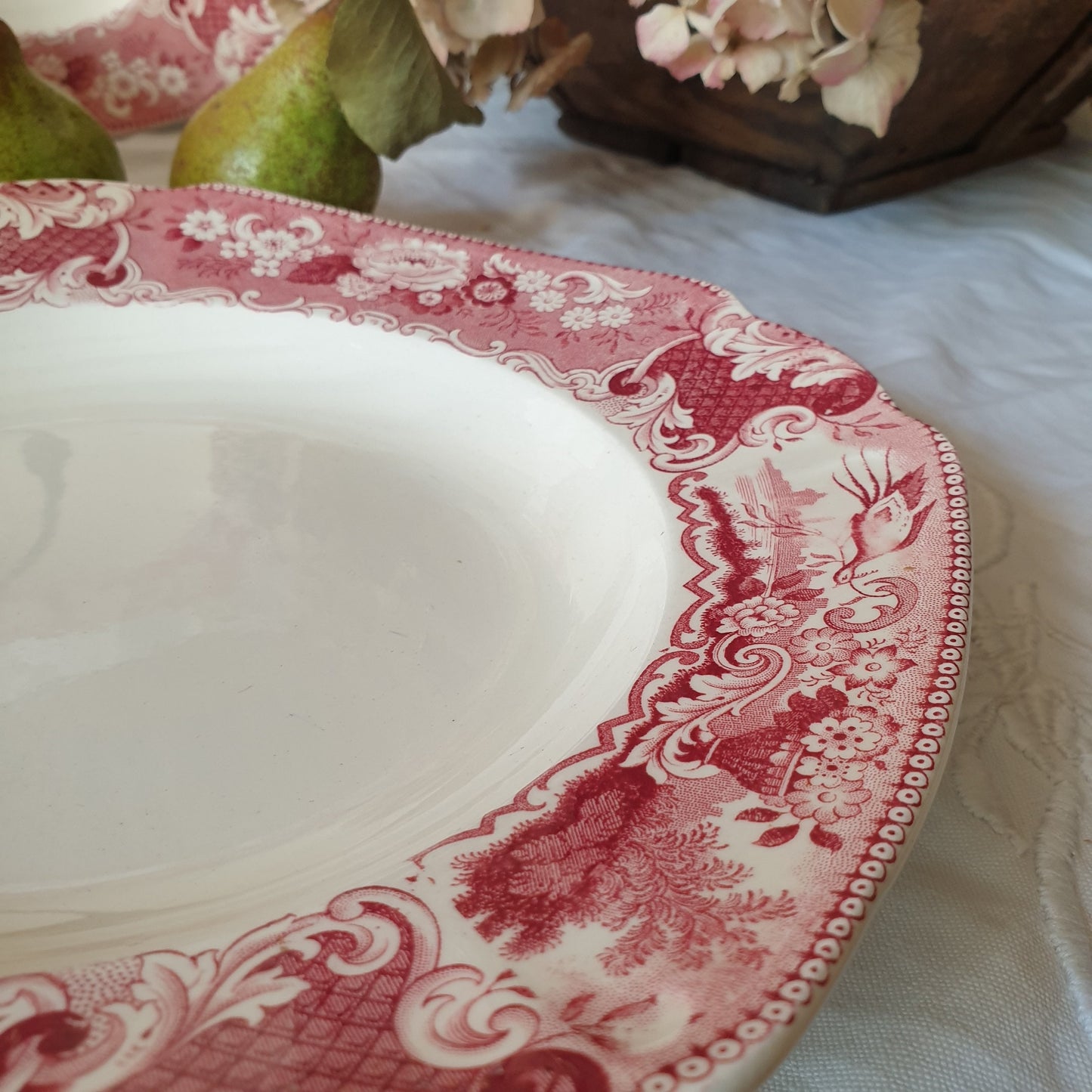 Set of 10 Antique Red Transferware Soup Plates, Société Céramique Victoria, Floral Bird Design