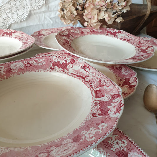 Set of 10 Antique Red Transferware Soup Plates, Société Céramique Victoria, Floral Bird Design