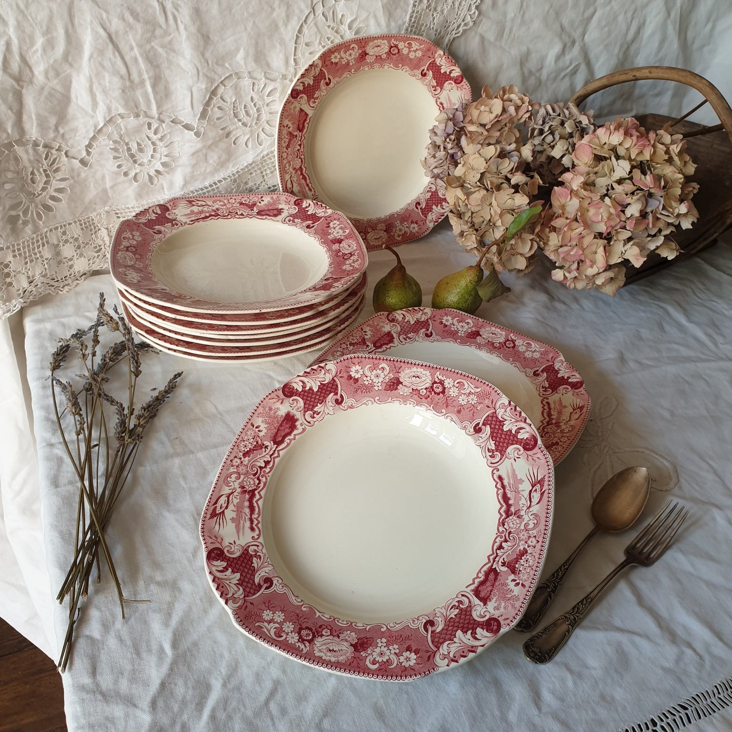 Set of 10 Antique Red Transferware Soup Plates, Société Céramique Victoria, Floral Bird Design
